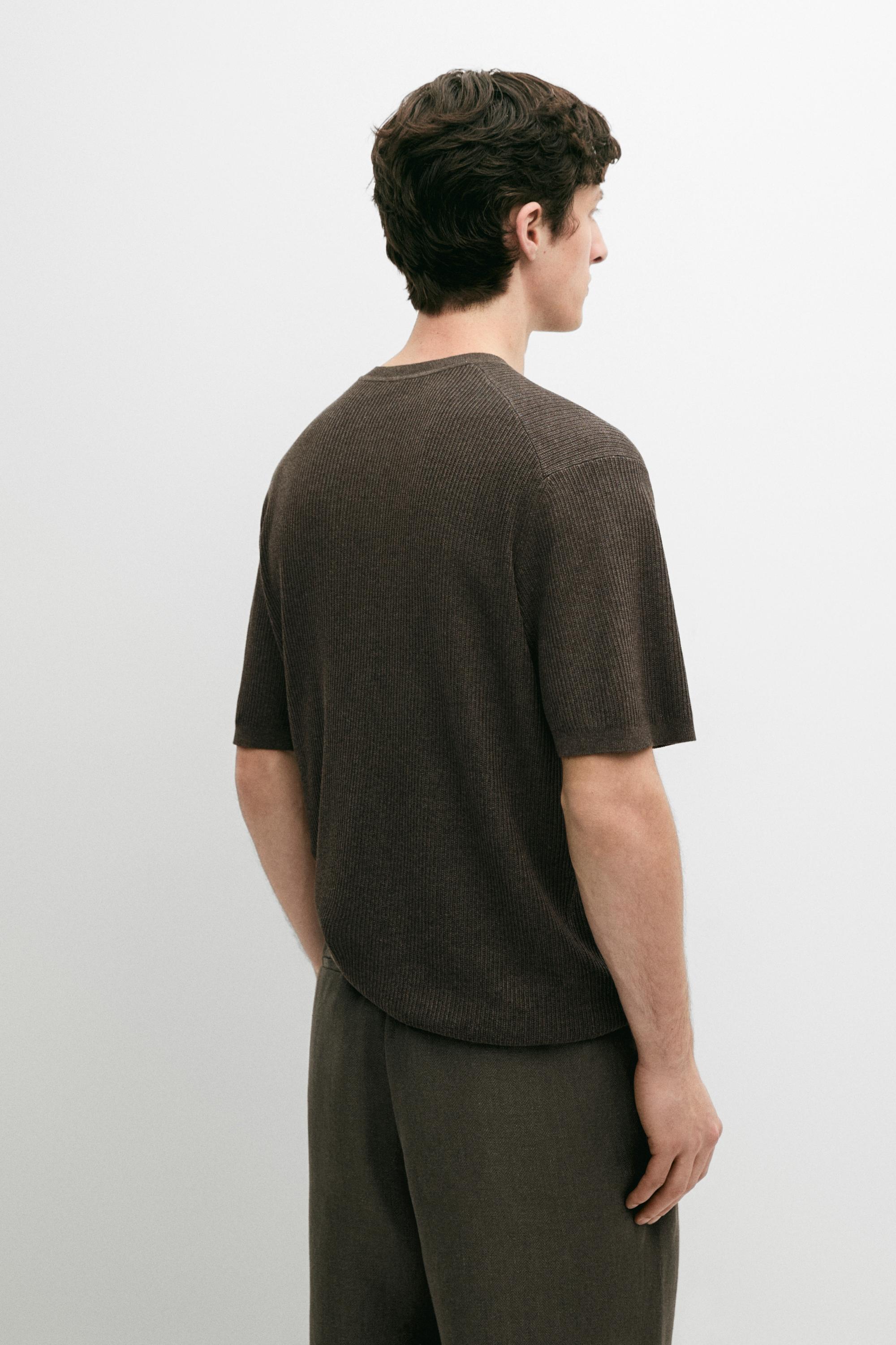 Short sleeve knit cotton blend sweater — CHARCOAL