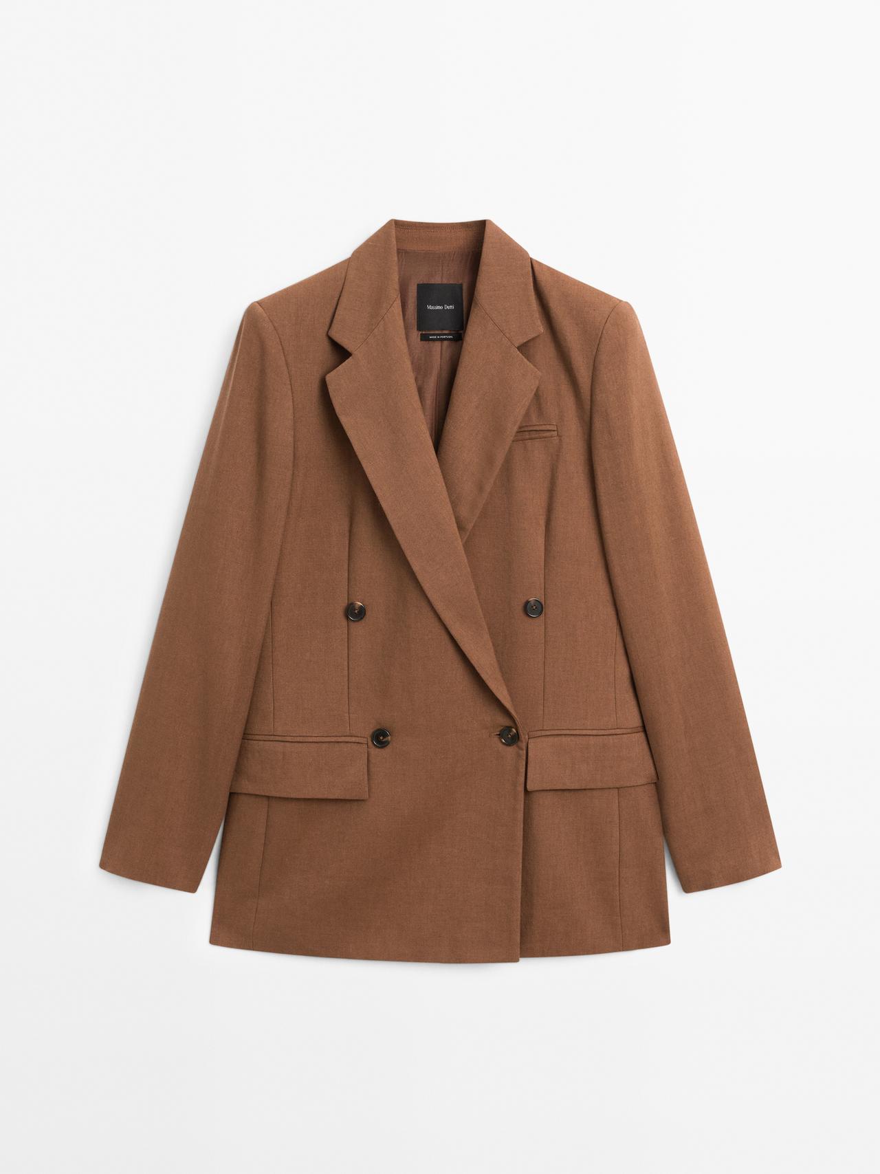 Massimo Dutti - Dame - Dobbeltradet Blazer I Hørblanding - Brun - 40