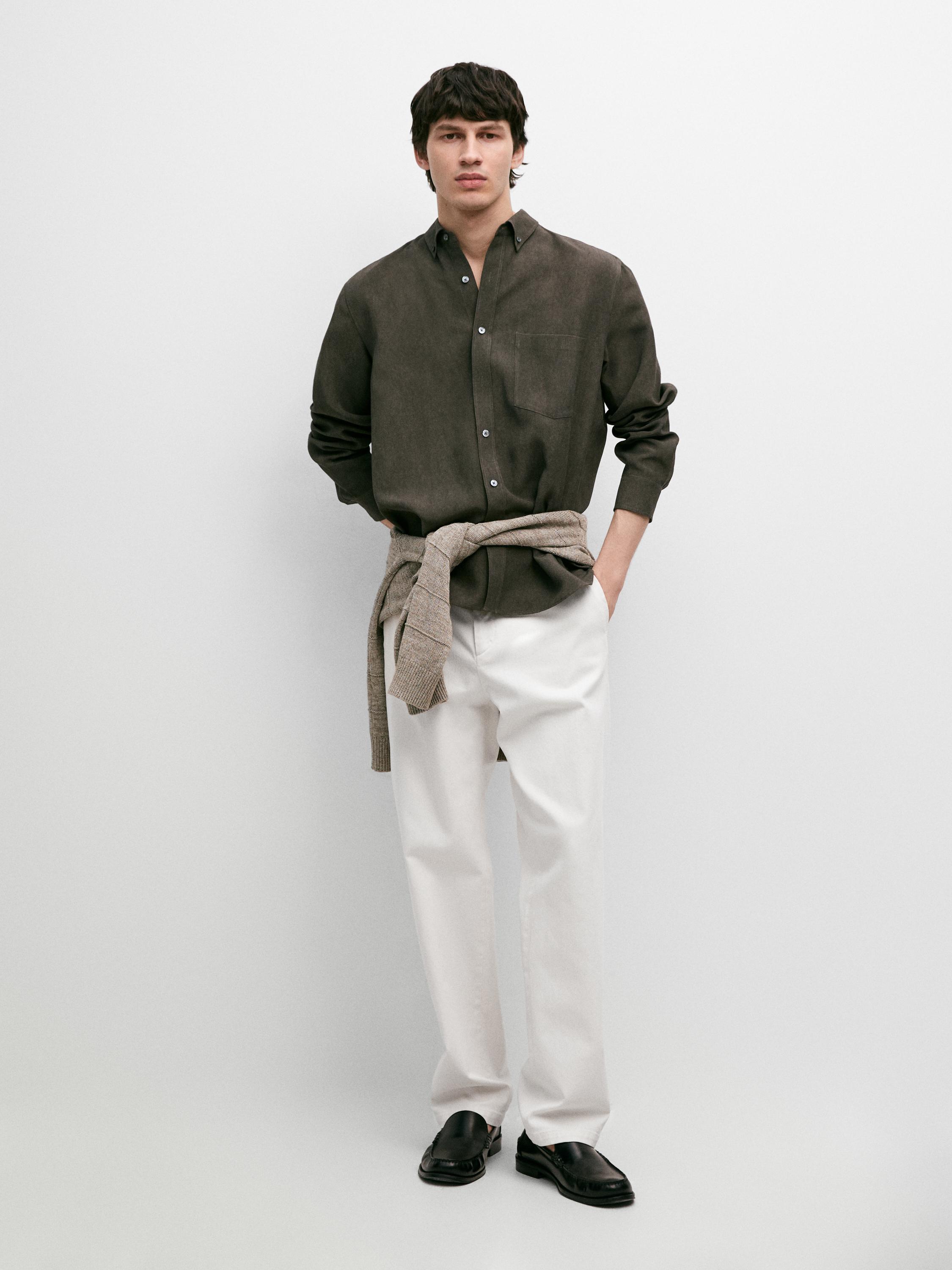 Flowing regular fit shirt with pocket — DARK KHAKI
