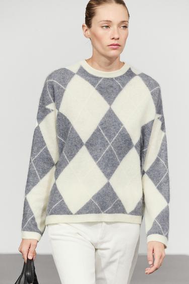 Wool blend argyle knit sweater — GREY 3
