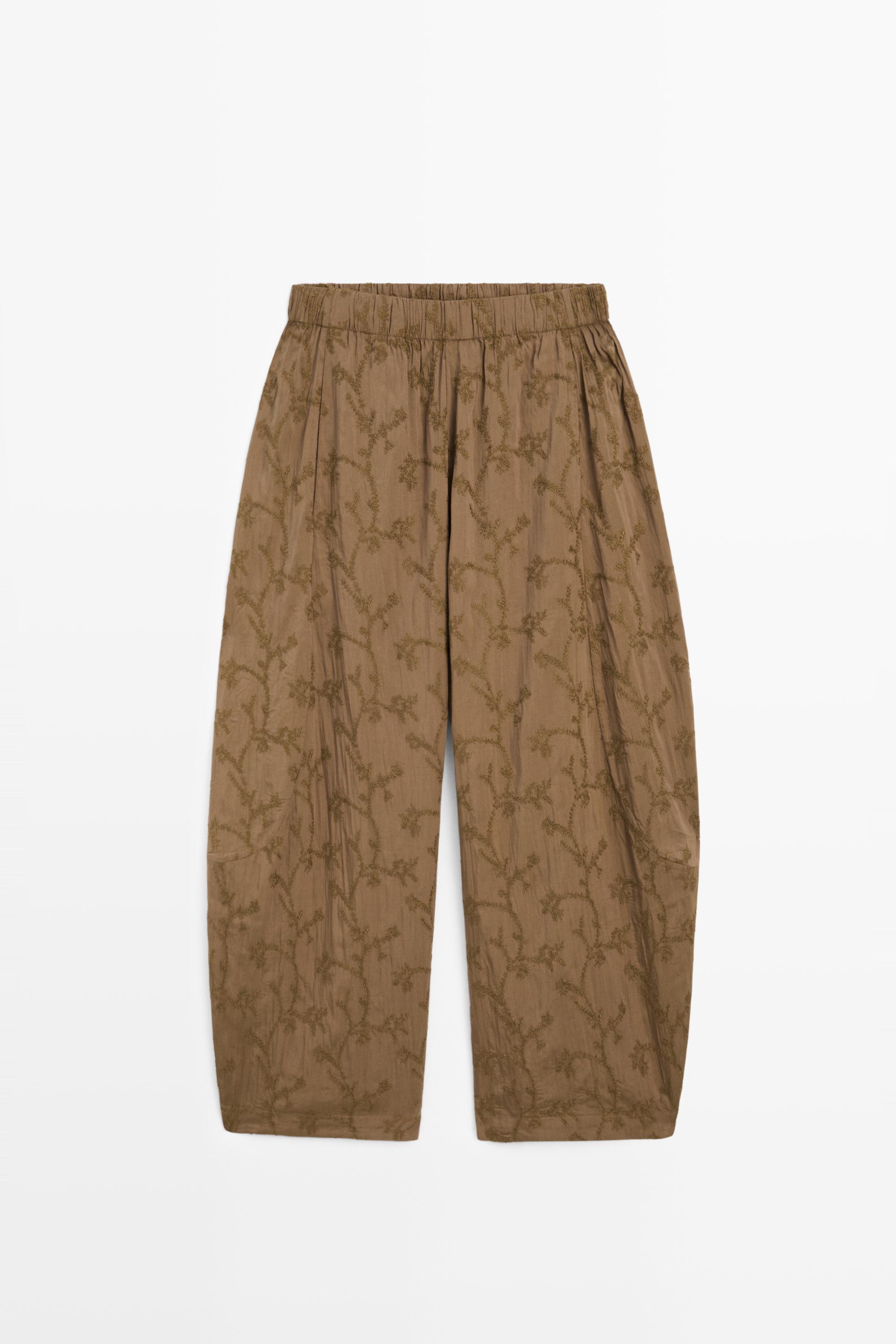 Trousers with embroidered detail and elastic waistband — KHAKI
