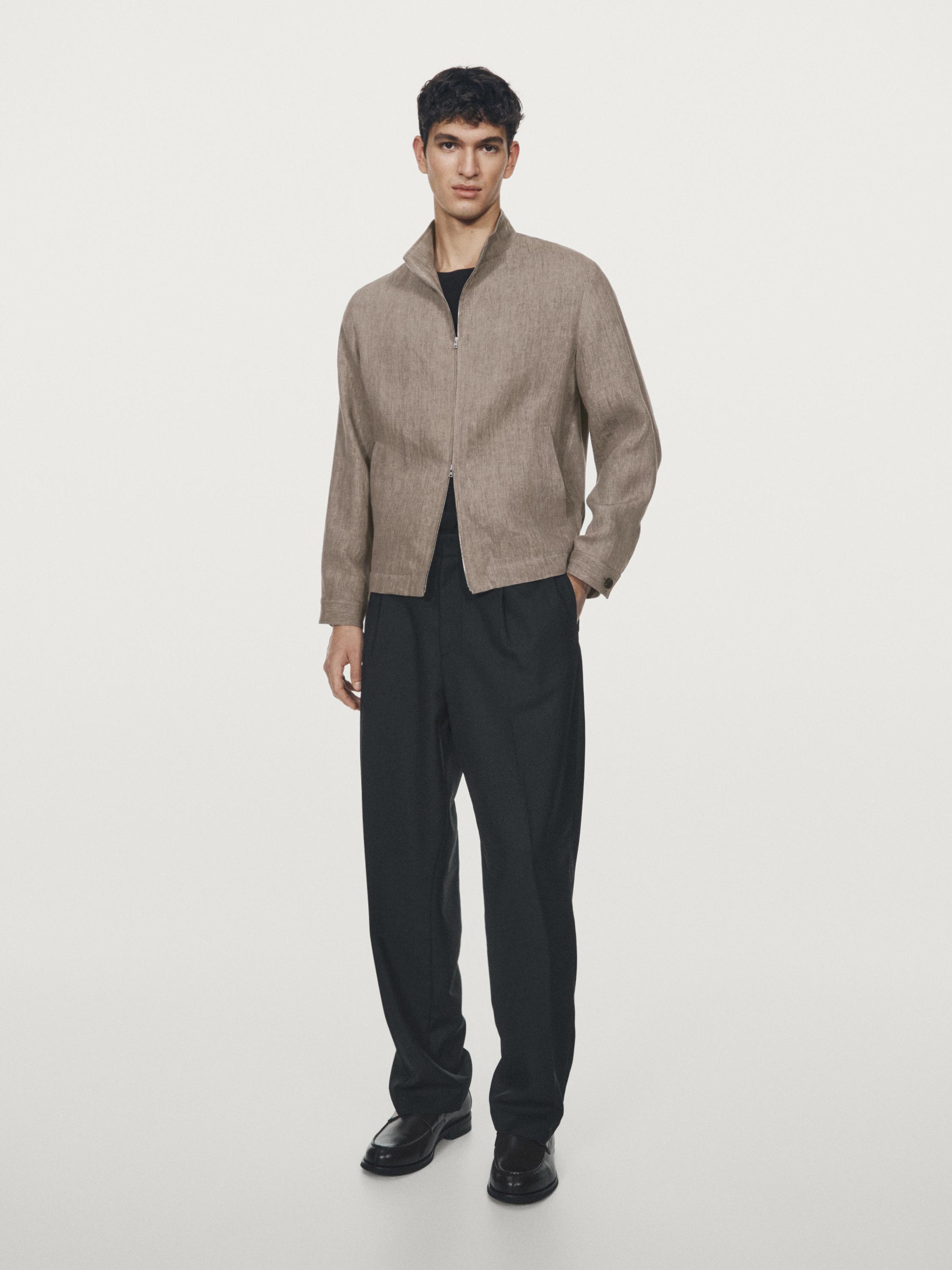 Faded total look linen bomber jacket — BROWN