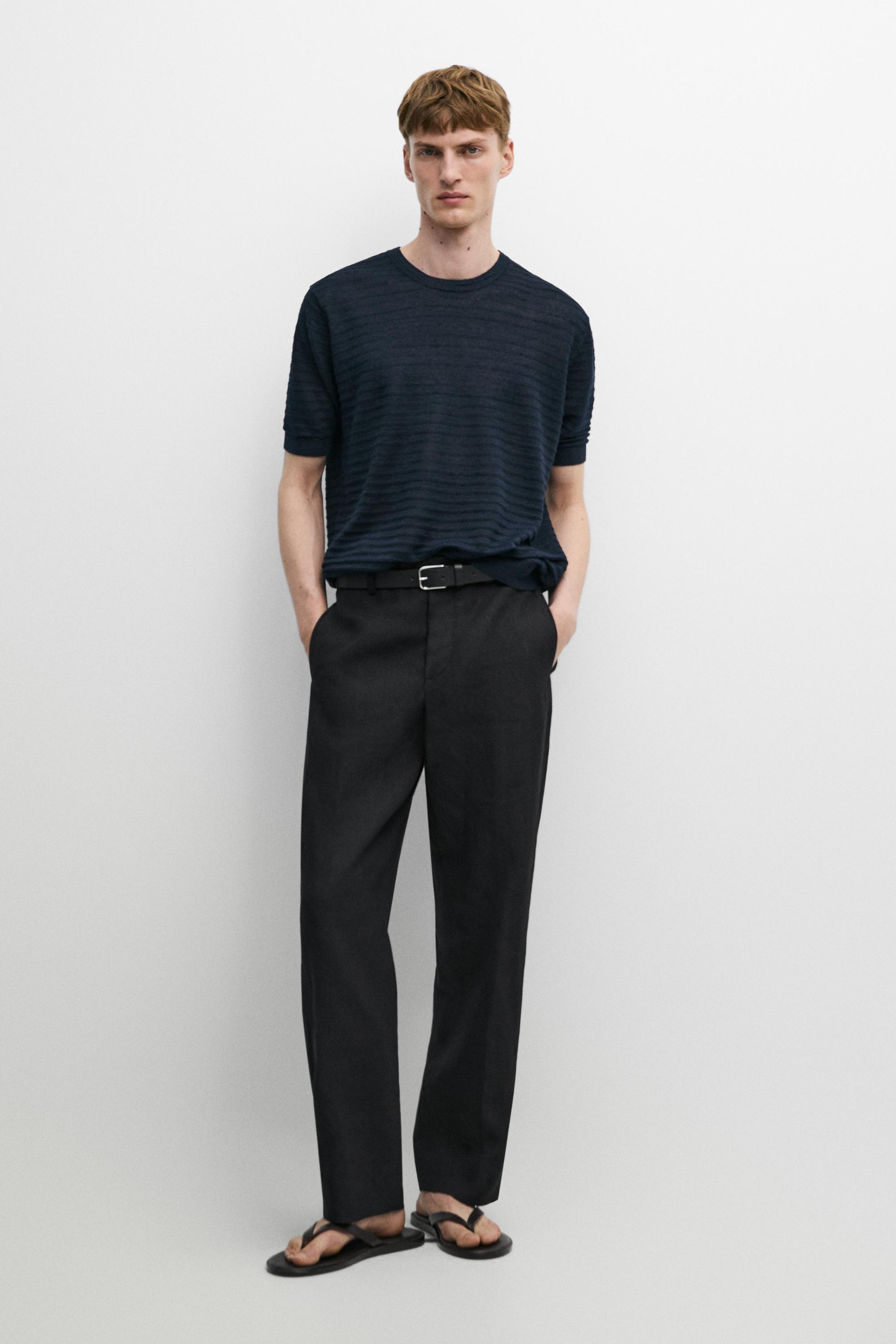 100% linen short sleeve knit sweater — NAVY BLUE