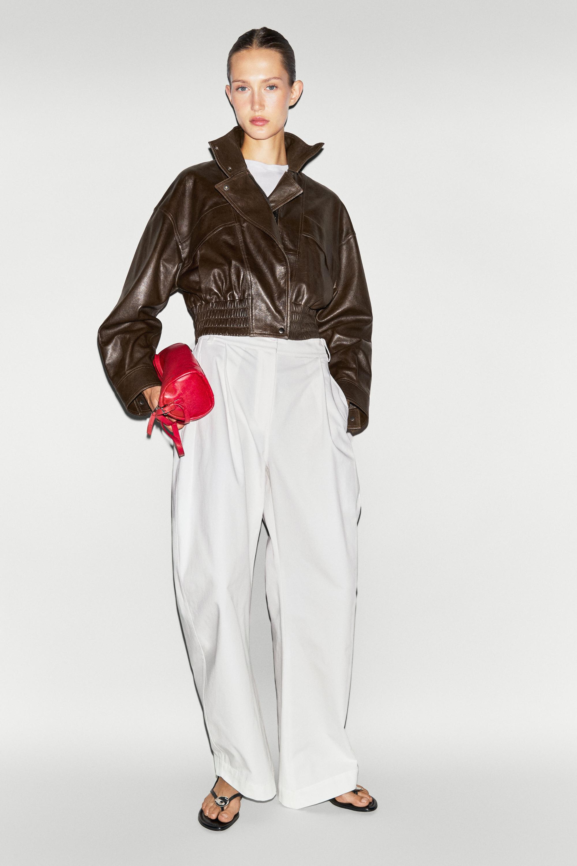 Cropped nappa leather bomber jacket — BROWN