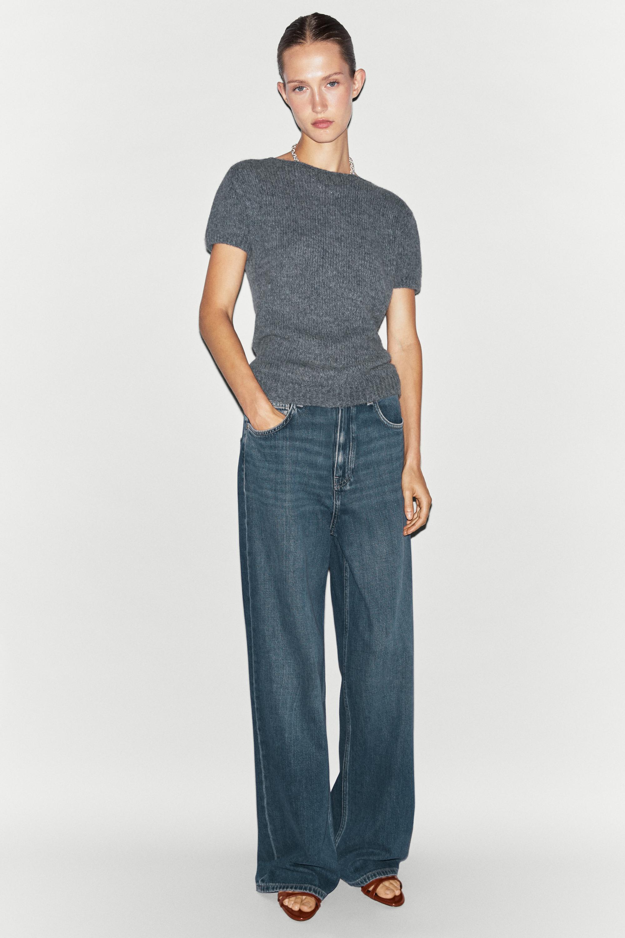 Short sleeve alpaca blend knit sweater — GREY BLUE