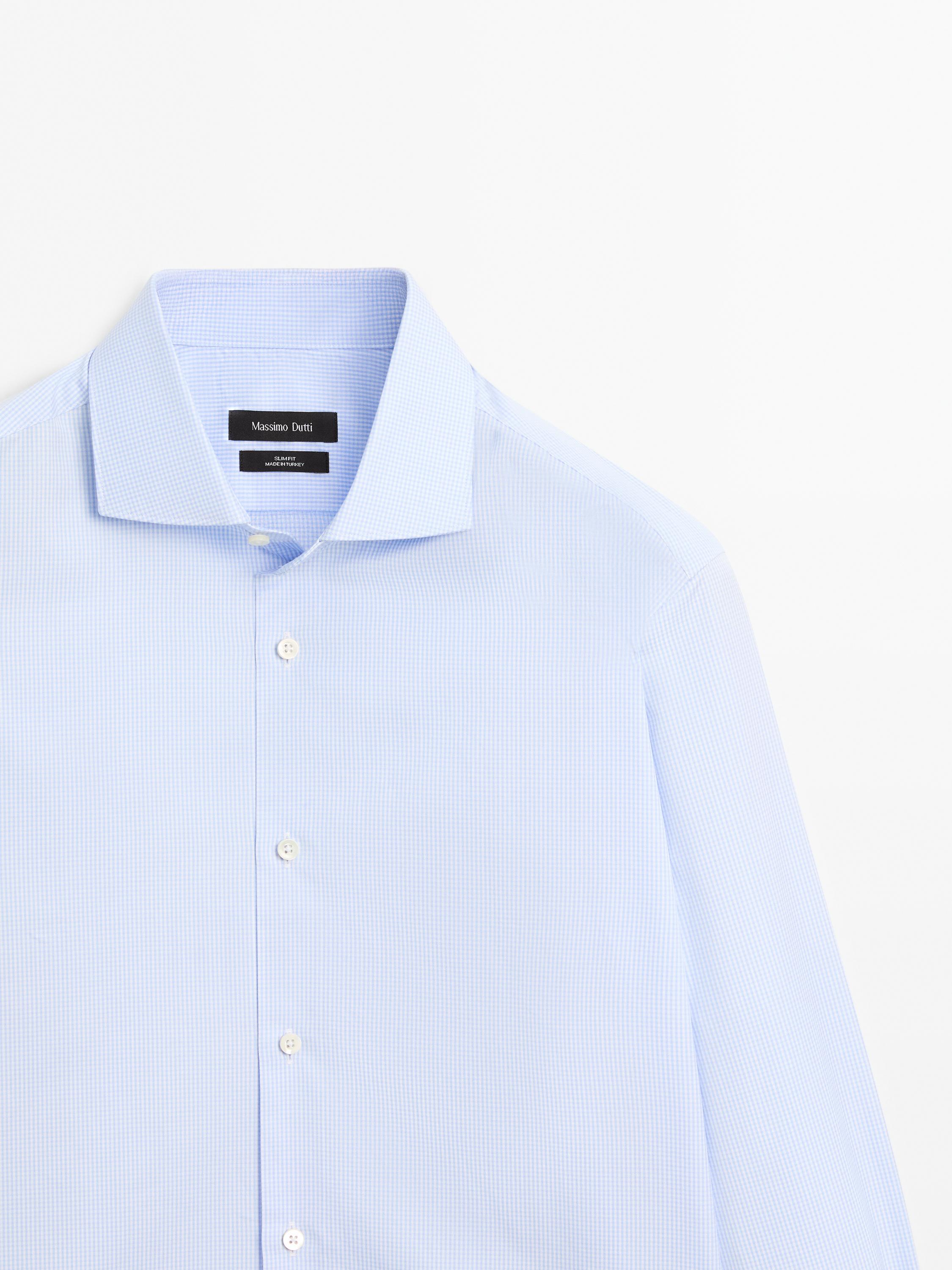 Slim fit micro-checked 100% cotton shirt