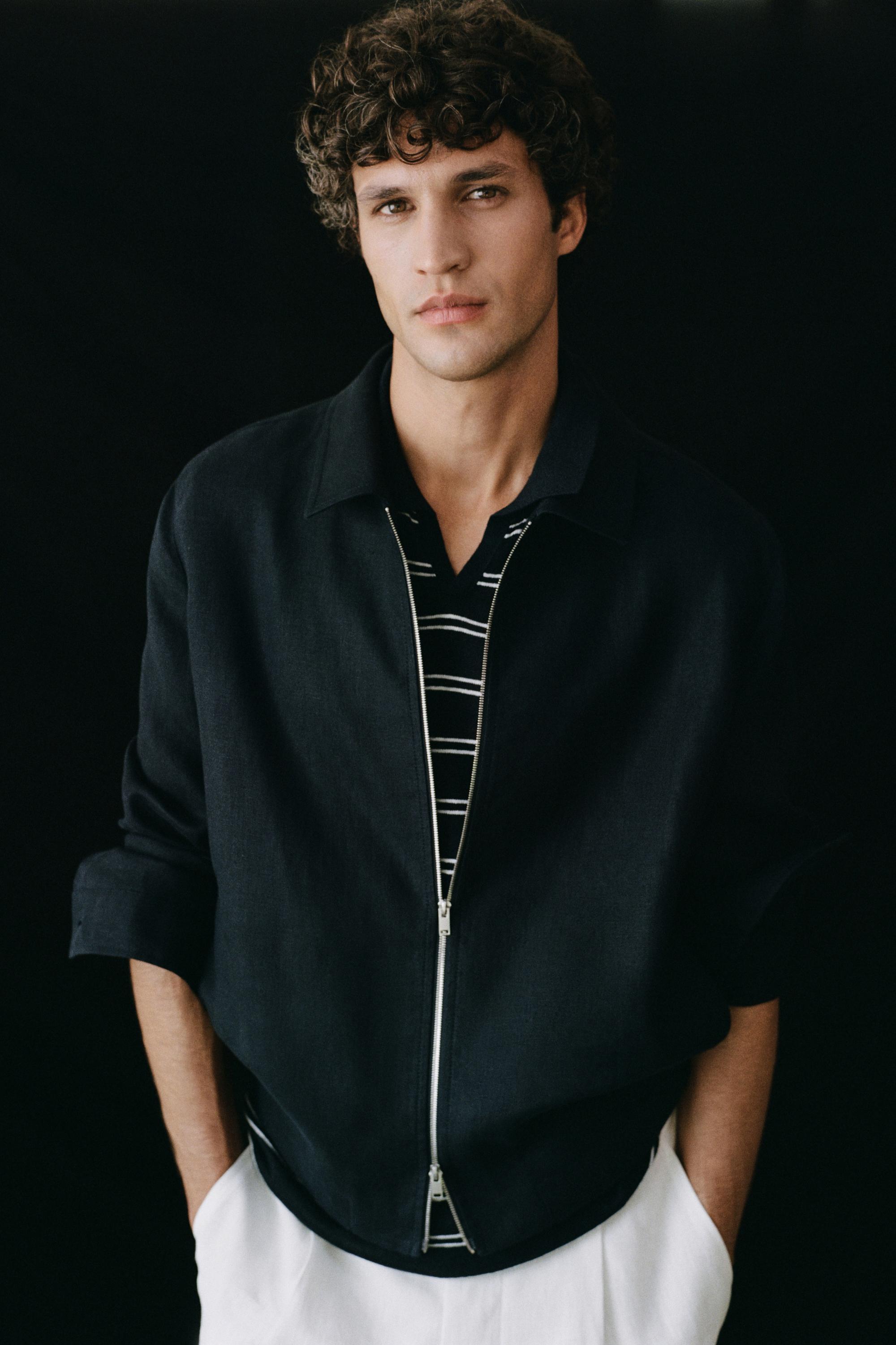 Cropped linen jacket — NAVY BLUE