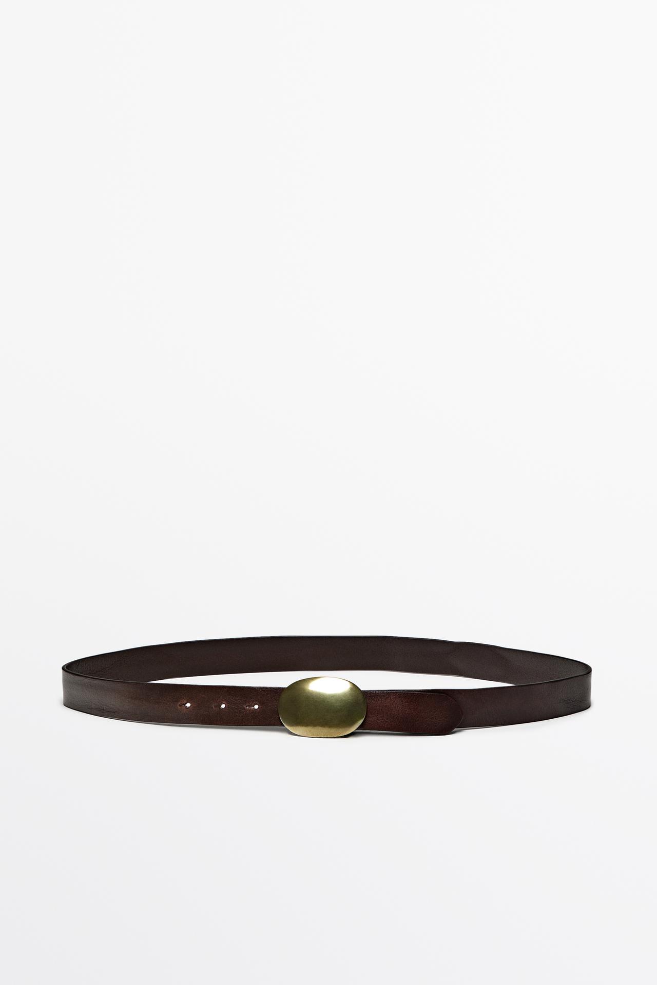 Nappa leather belt with metal plate buckle — BROWN