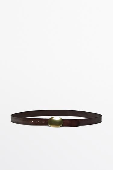 Nappa leather belt with metal plate buckle — BROWN 1