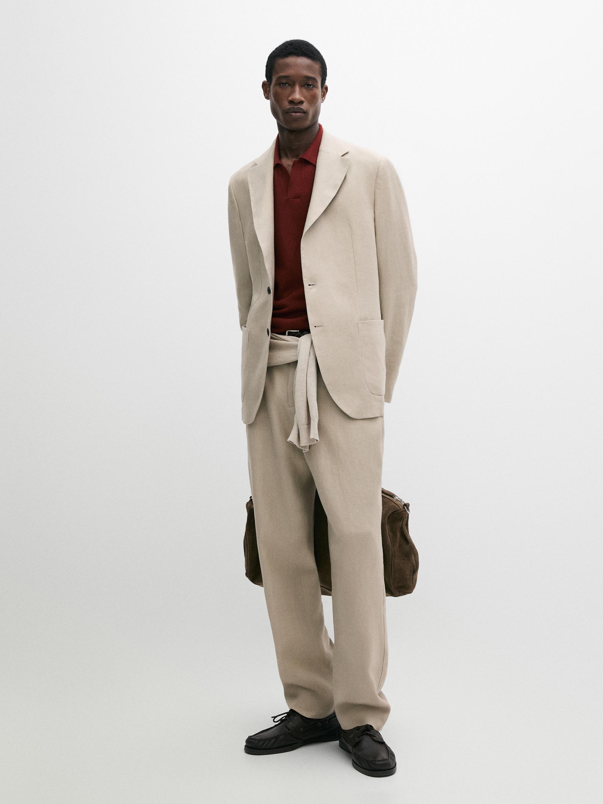 Blazer De Fato 100% Linho - Bege - 52 - Massimo Dutti - Homem