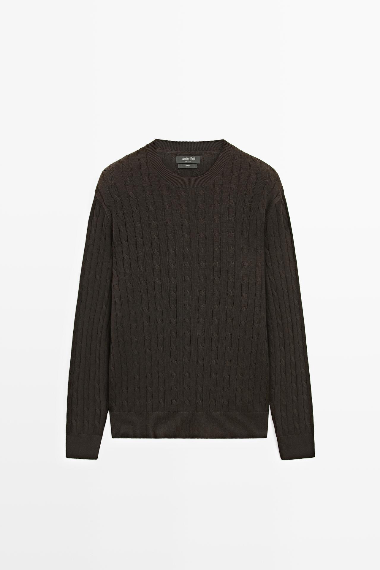 Cable-knit round neck sweater — BROWN MARL