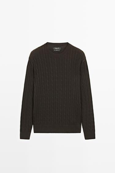 Cable-knit round neck sweater — BROWN MARL 2