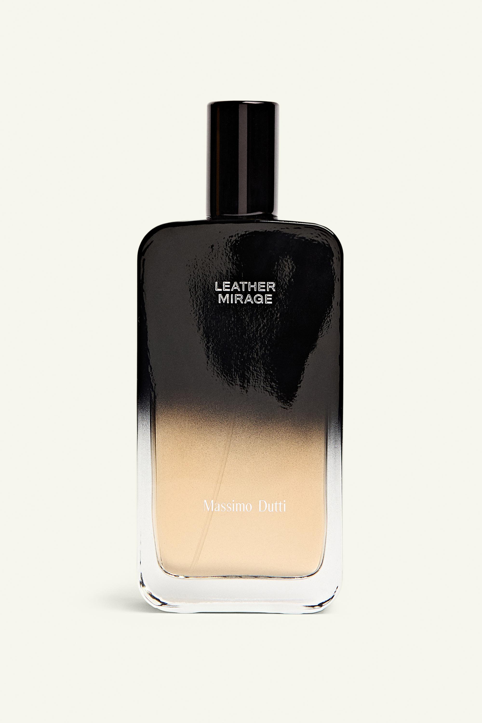 Widok z przodu butelki perfum z gradientem od czerni do beżu, czarną zatyczką oraz napisem „LEATHER MIRAGE” i „Massimo Dutti”.