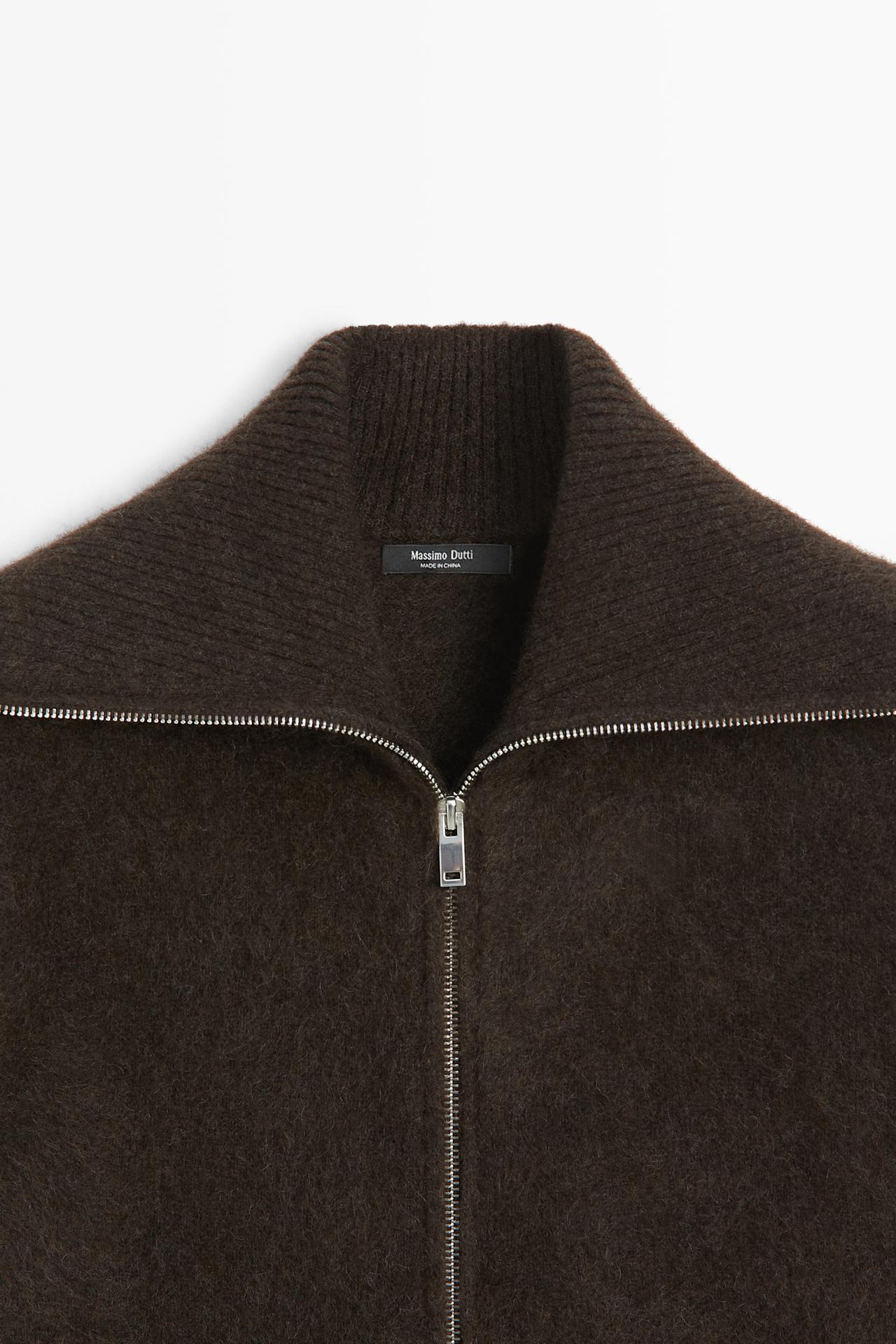 Brushed high-neck knit cardigan — BROWN