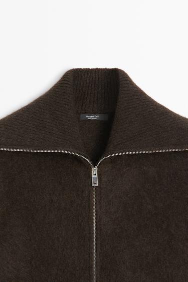 Brushed high-neck knit cardigan — BROWN 9