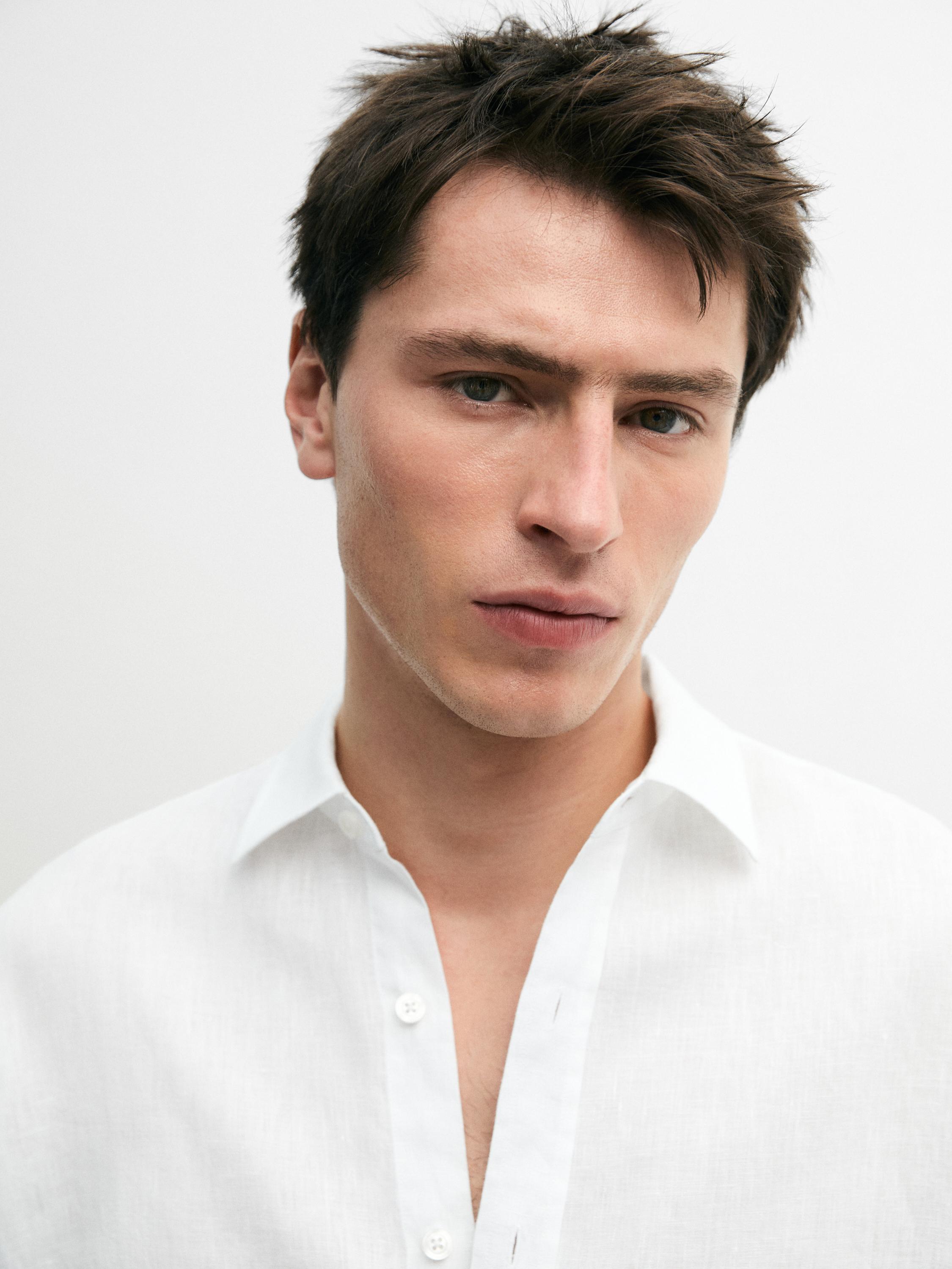 100% linen regular fit short sleeve shirt — WHITE