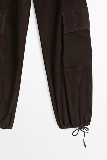Cargo pants with Suede leather hem detail — Chocolate 7