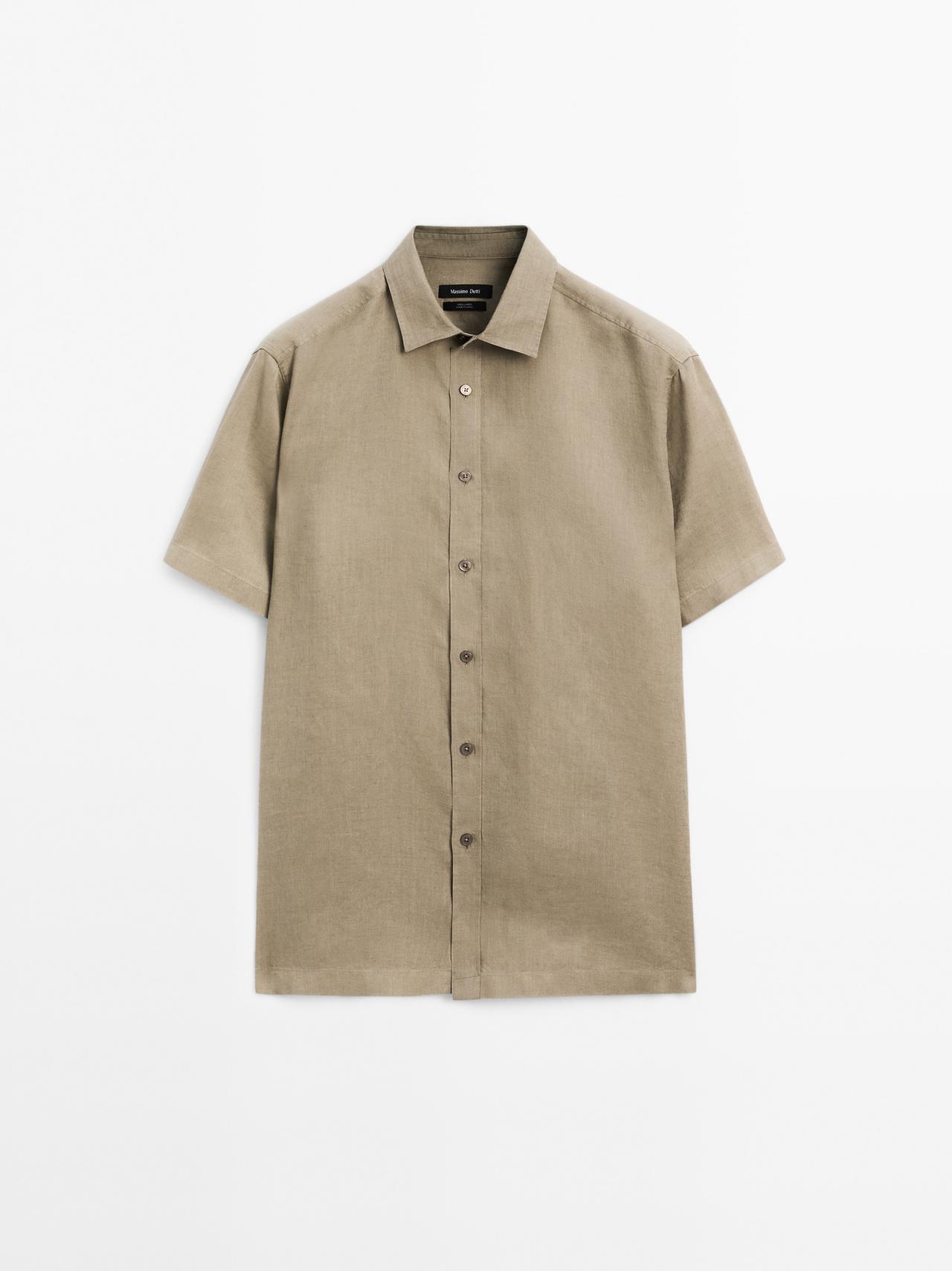Massimo Dutti - Heren - Regular Fit Linnen Overhemd Met Korte Mouw - Kaki - Xxl