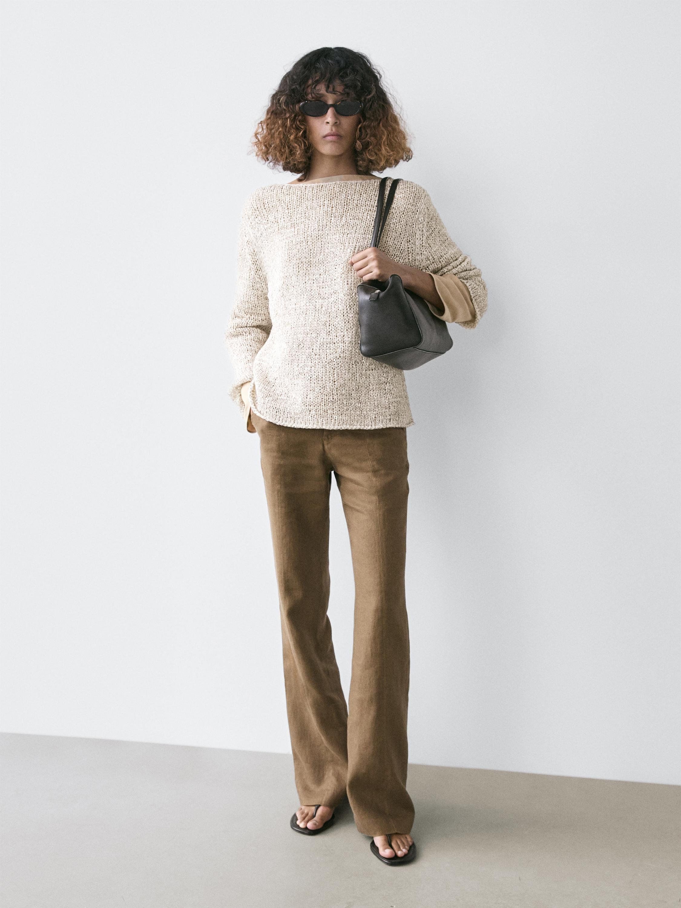 Boat neck knit sweater — BEIGE