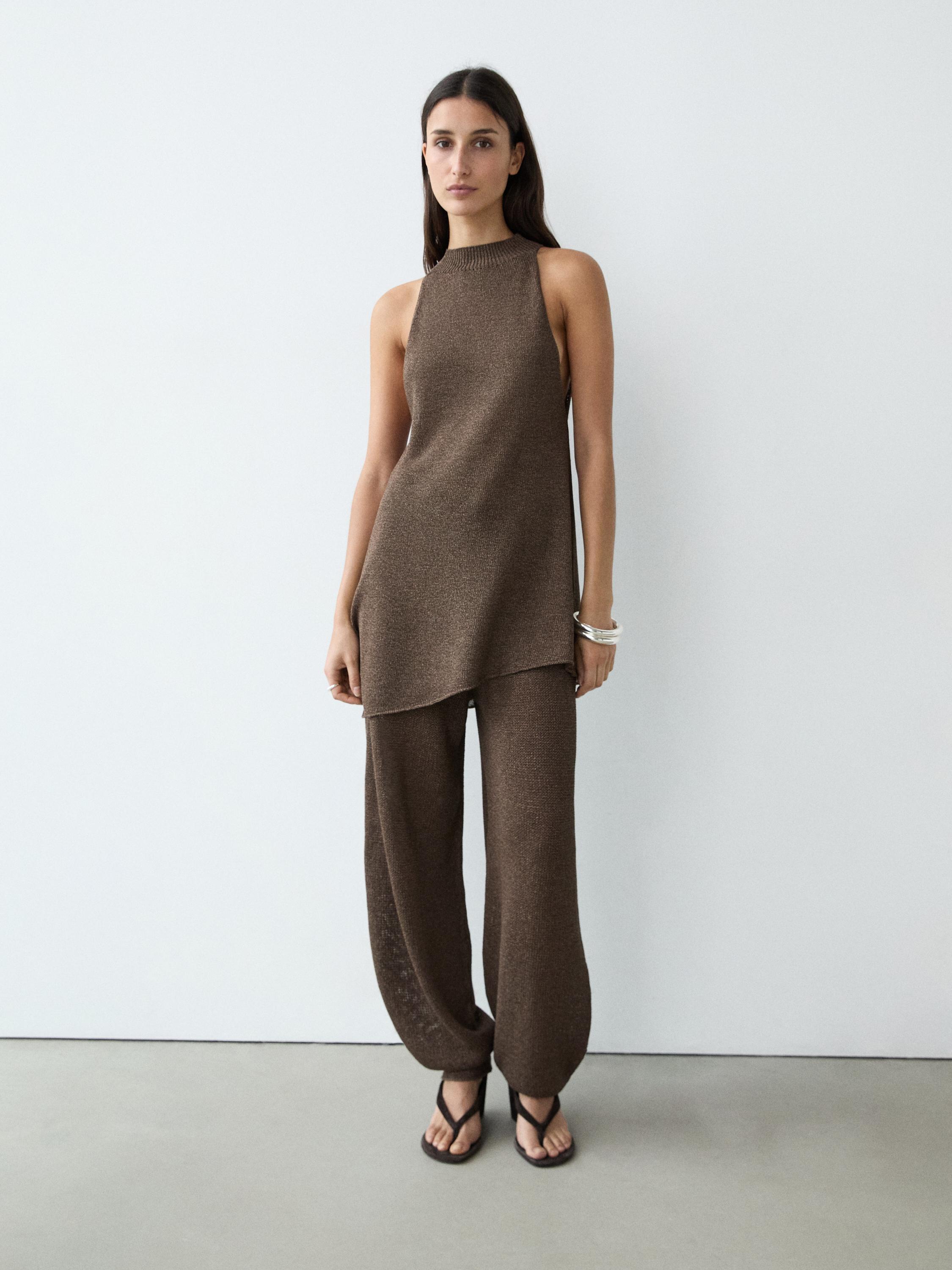 Total look asymmetric halter knit top — BROWN