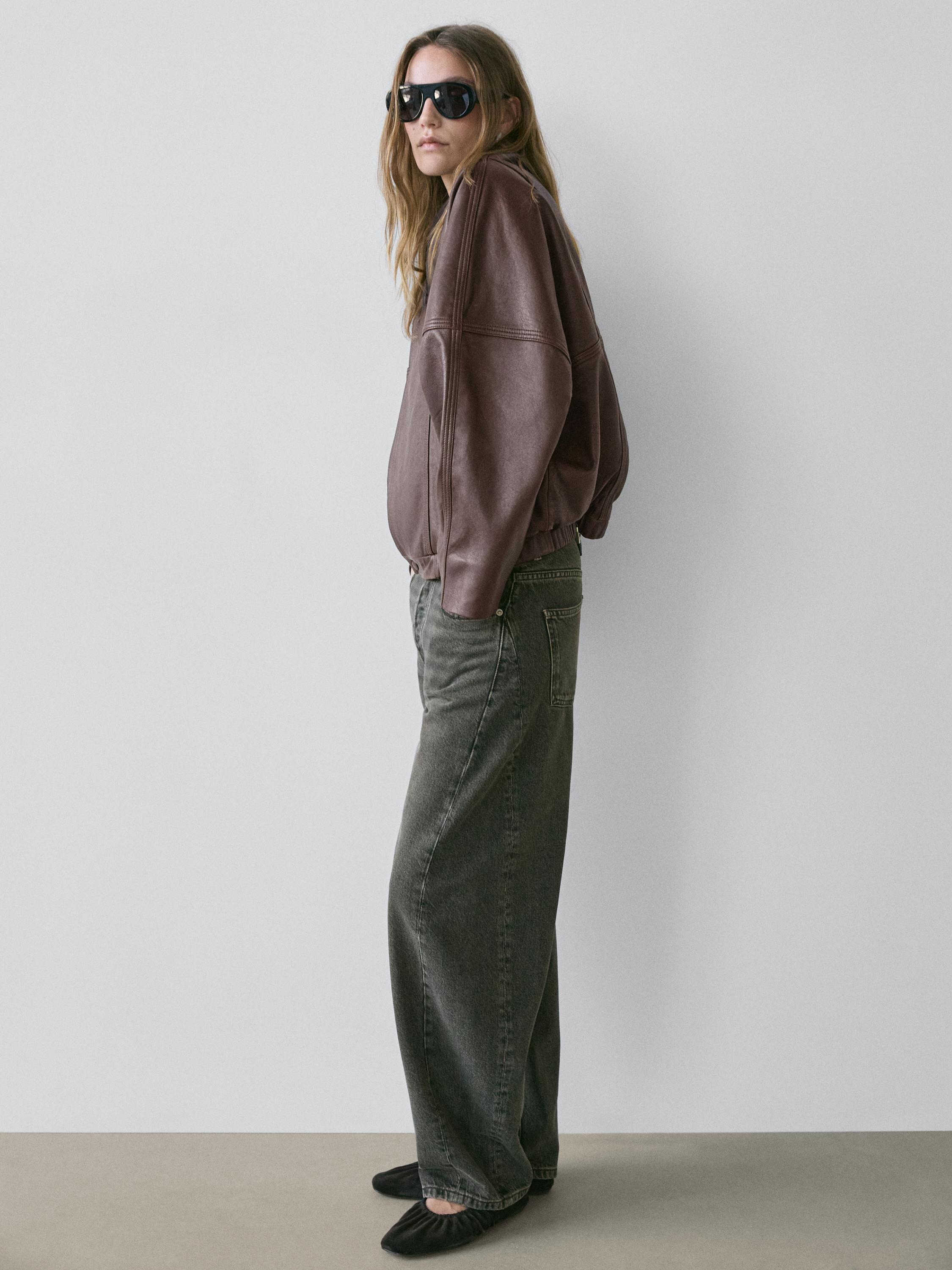 Asymmetric nappa leather bomber jacket — BROWN