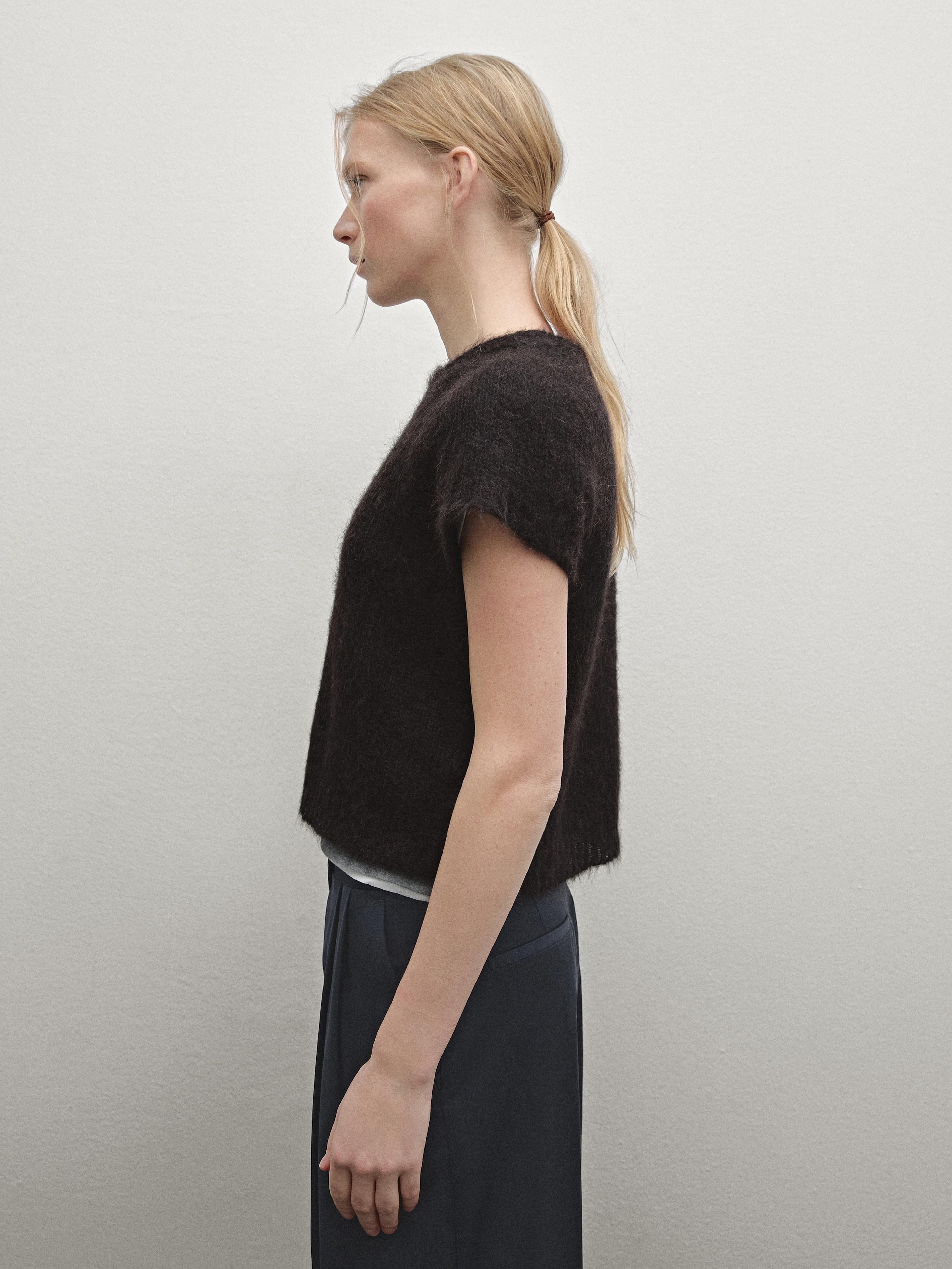 Short sleeve knit alpaca blend sweater