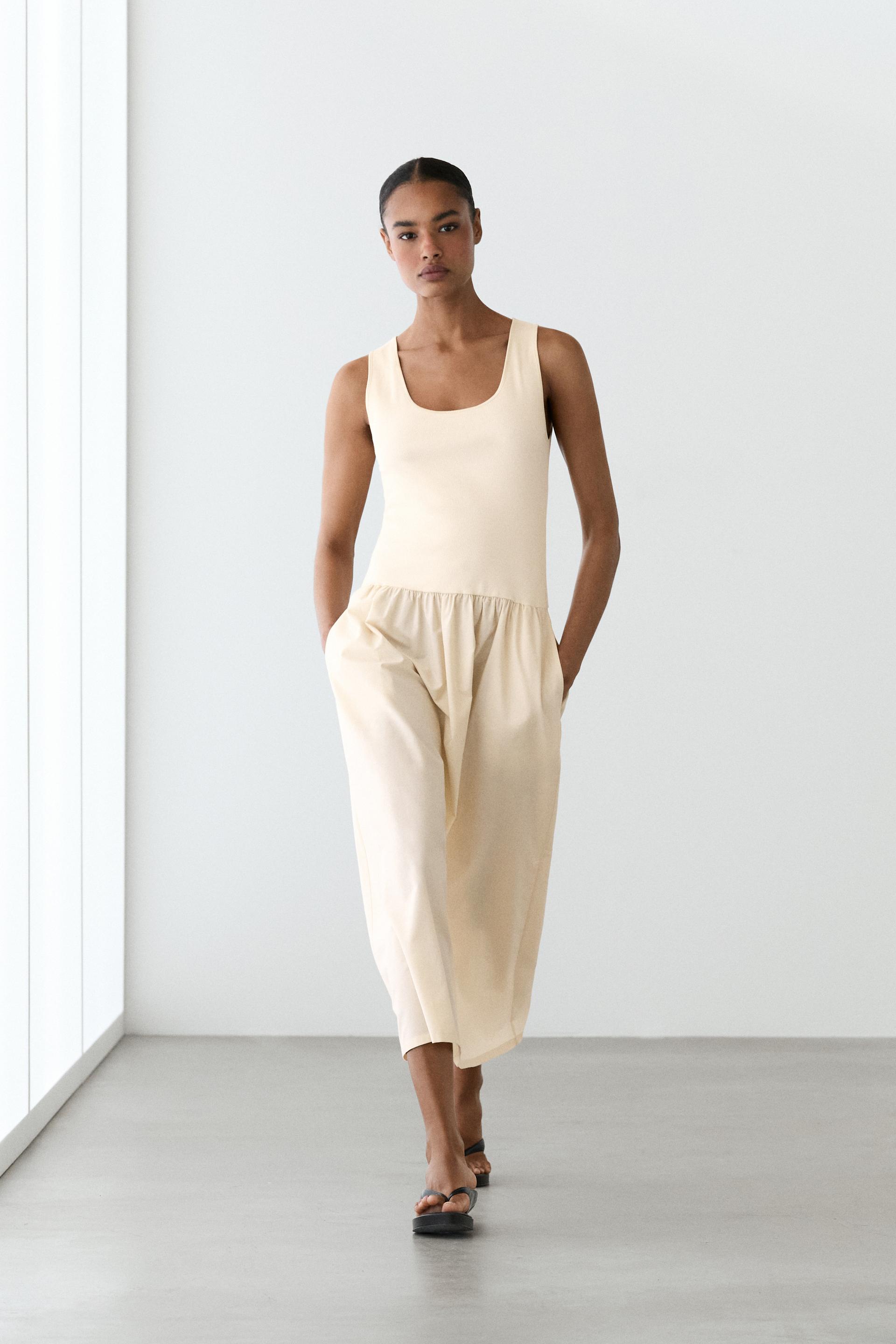 Robe Combinée En Popeline De Coton Mélangé - Vanille - L - Massimo Dutti - Femme