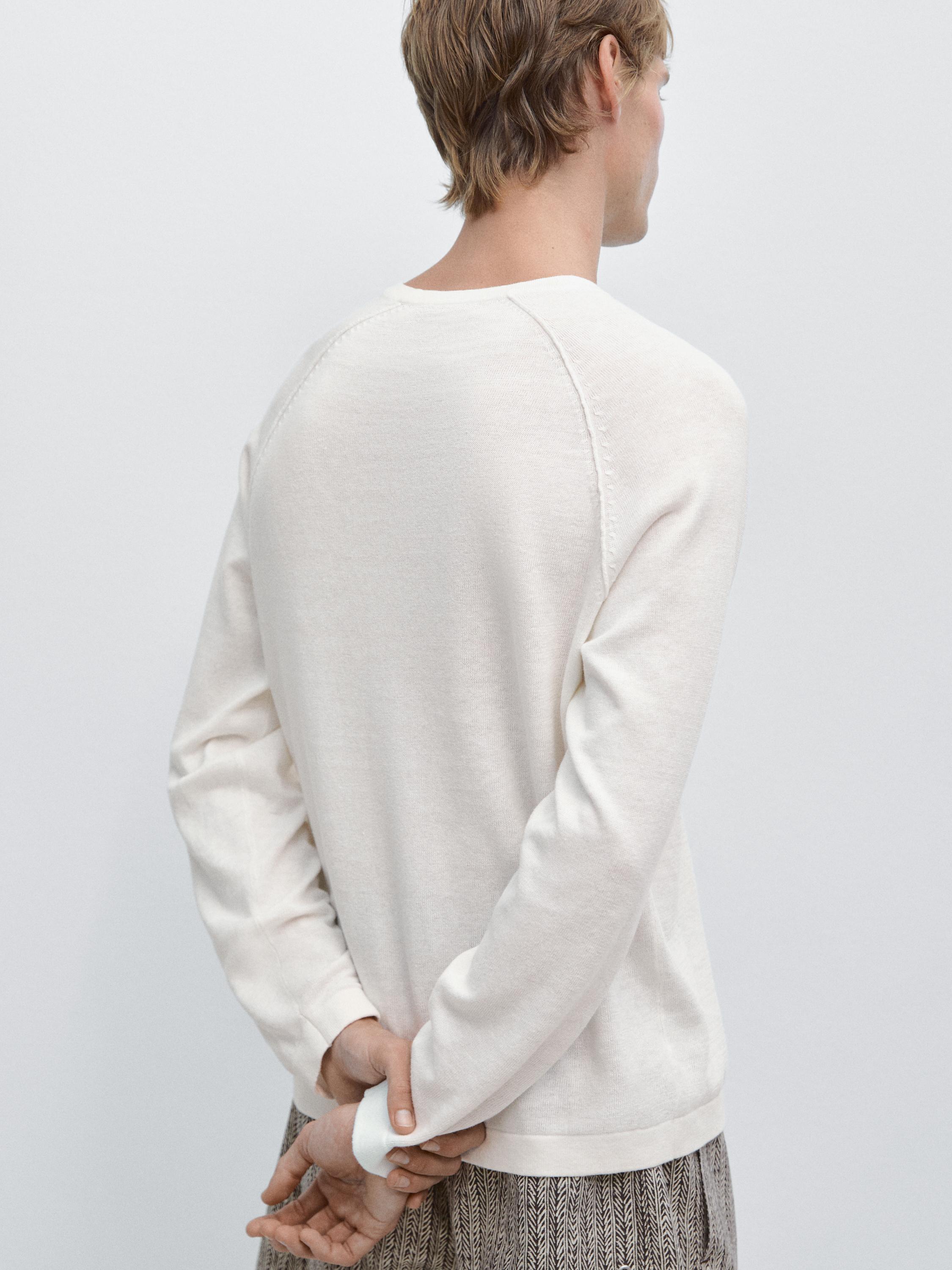 Linen blend knit crew neck sweater — CREAM