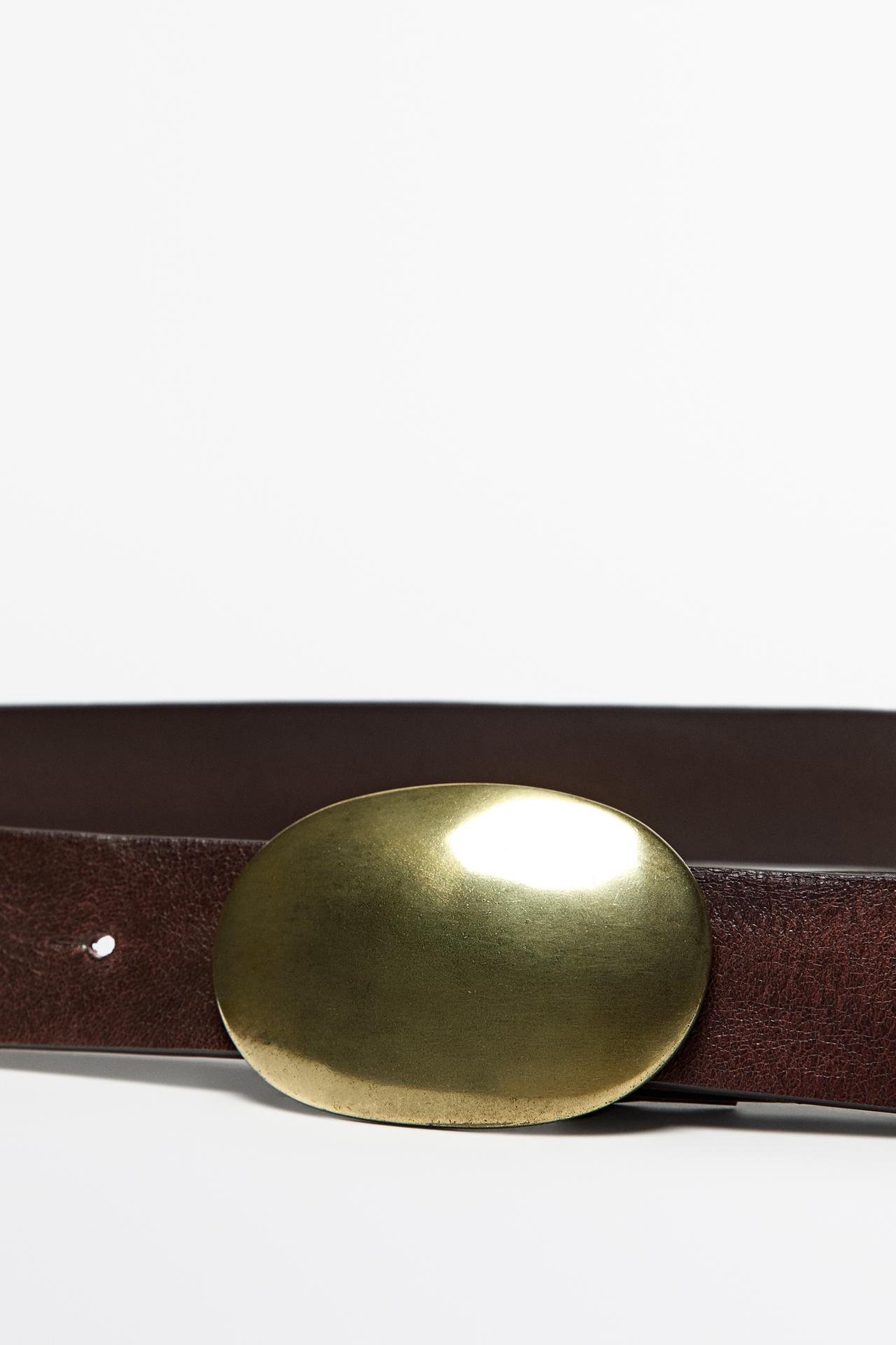 Nappa leather belt with metal plate buckle — BROWN
