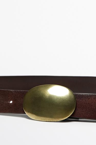 Nappa leather belt with metal plate buckle — BROWN 2
