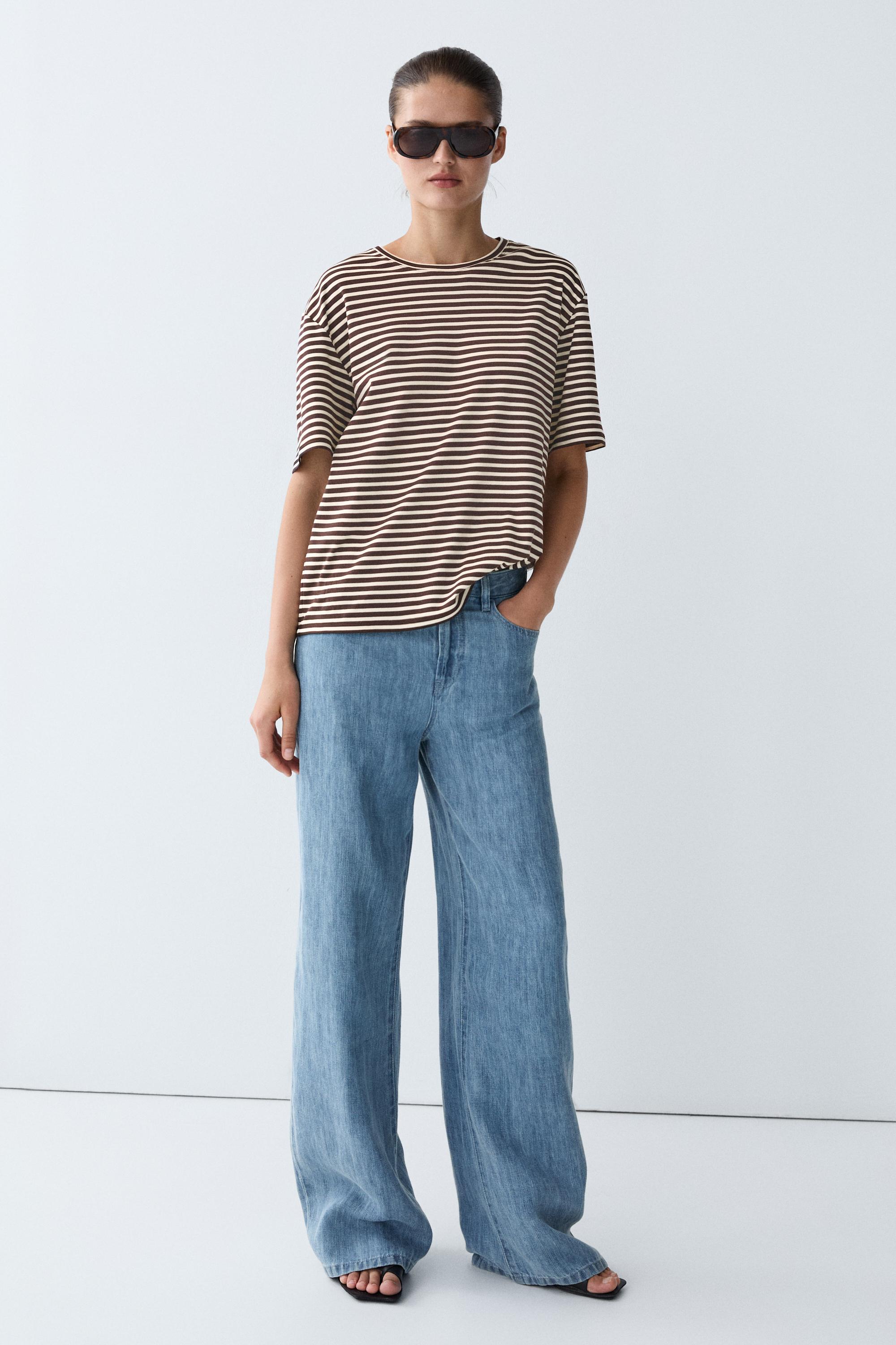 100% cotton striped short sleeve T-shirt — BROWN
