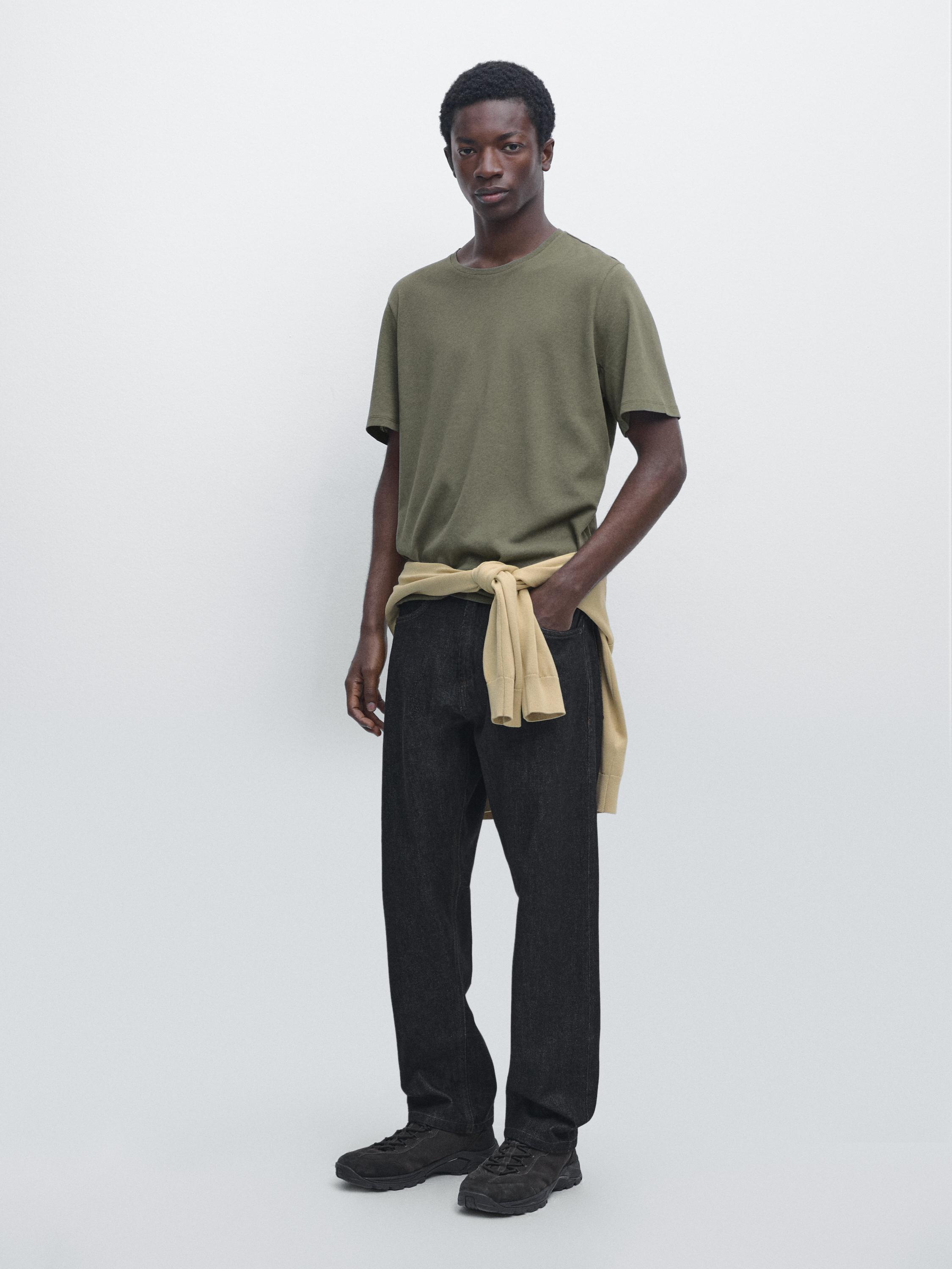 Short sleeve linen and cotton T-shirt — PALE KHAKI