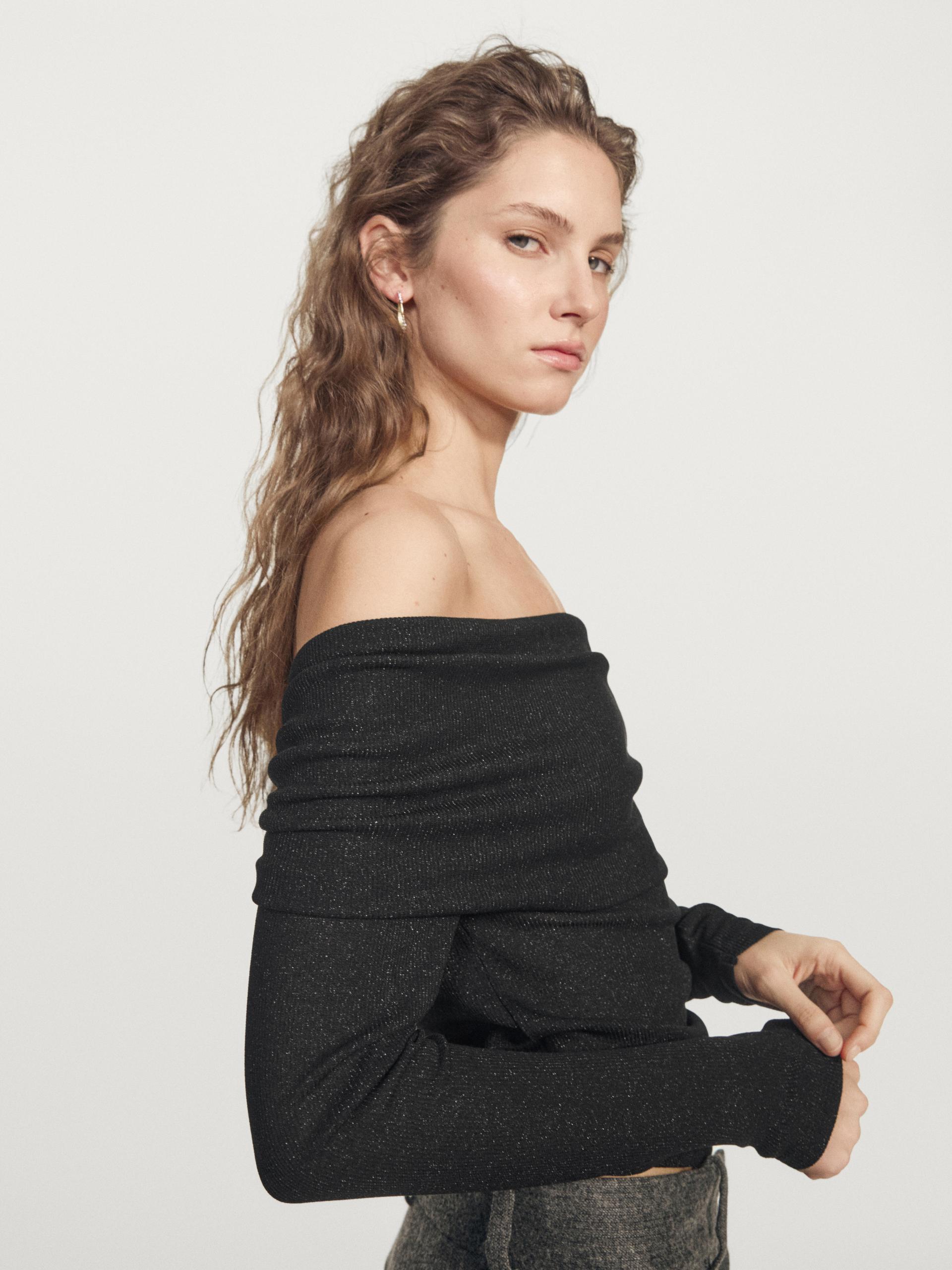 Maglietta A Maniche Lunghe Con Finitura Metallizzata A Costine - Nero - L - Massimo Dutti - Femminile