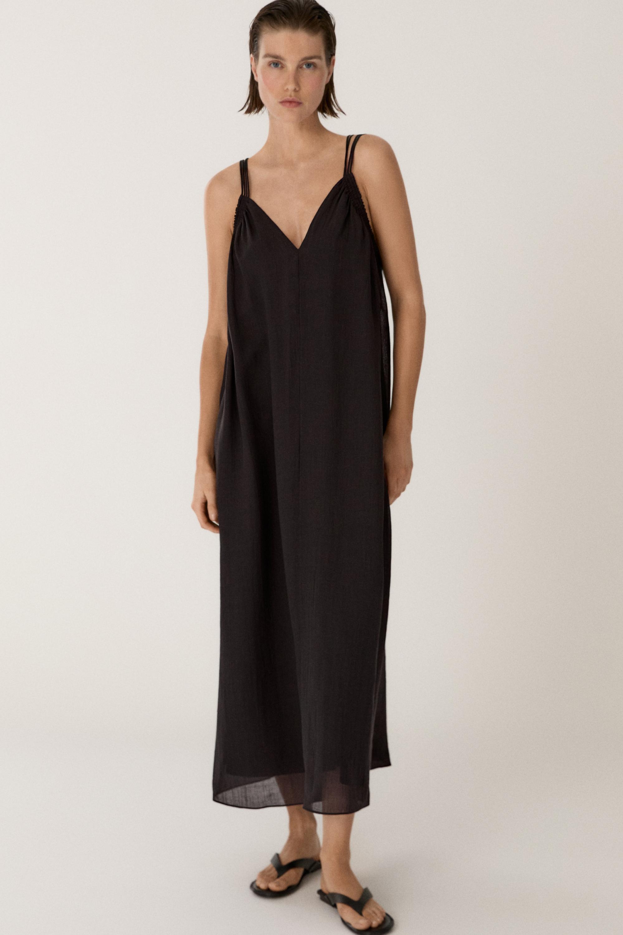 Ramie blend strappy midi dress — BLACK