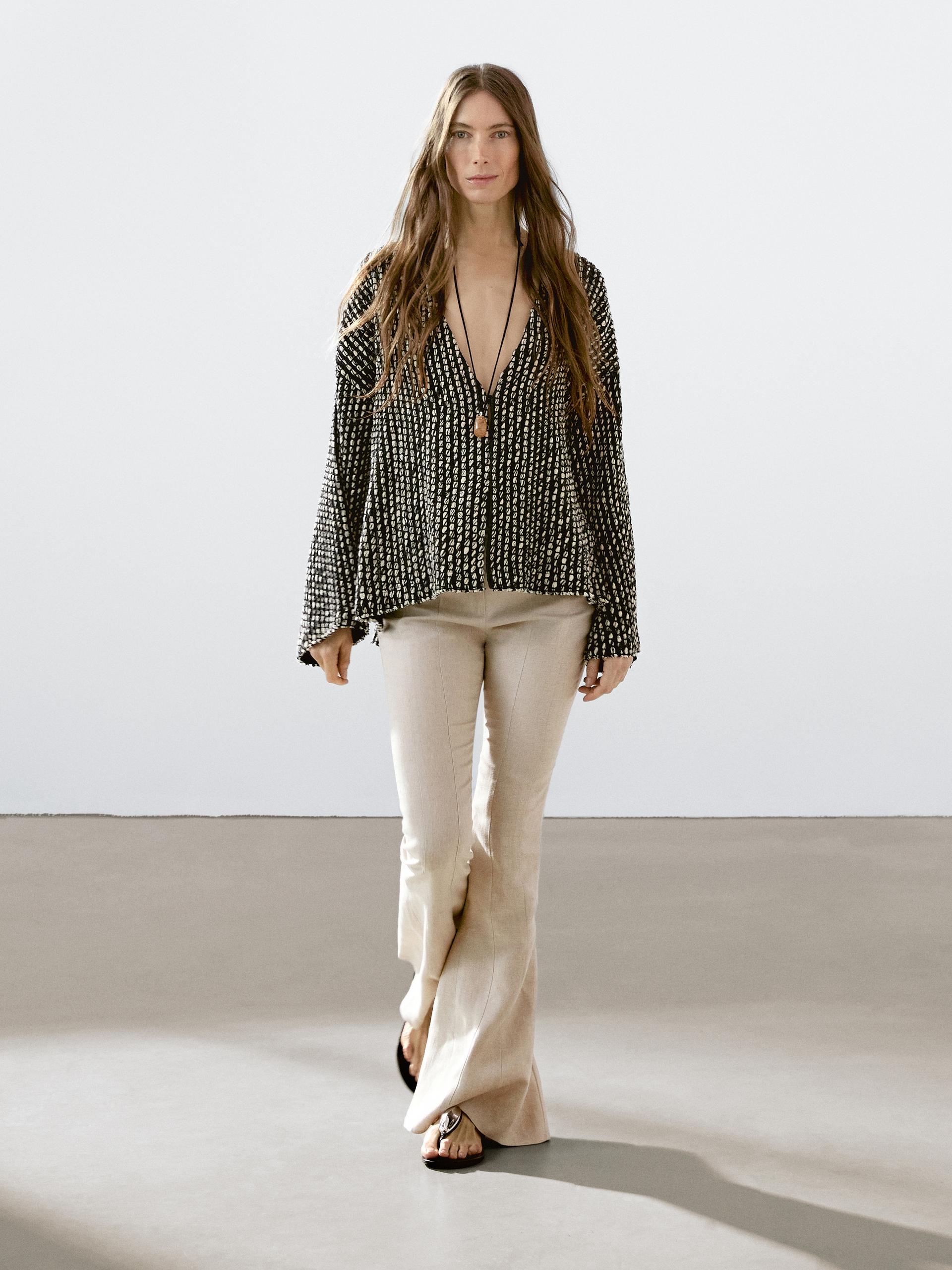 Pantalon Flare Taille Contrastante - Beige - 40 - Massimo Dutti - Femme