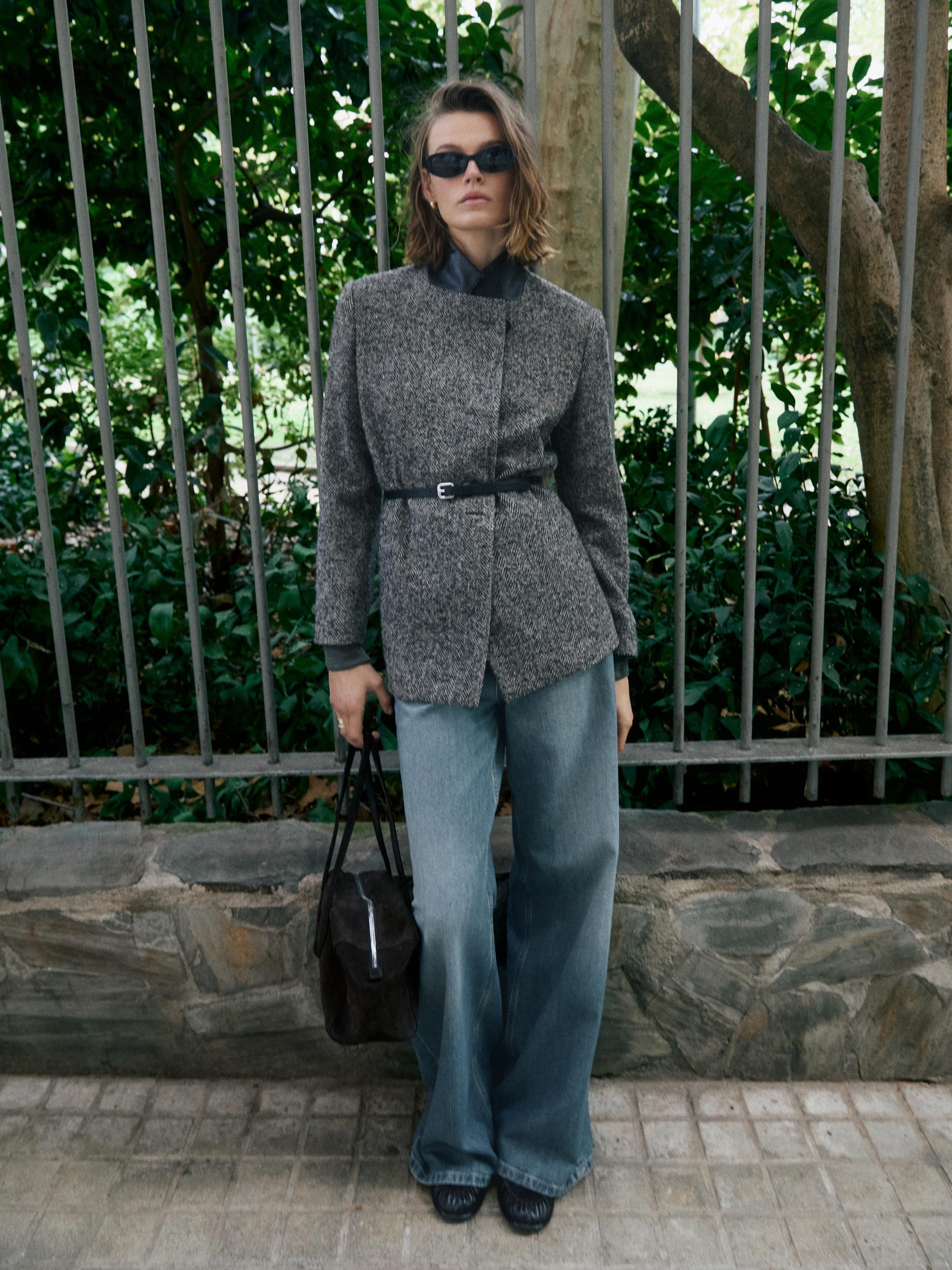 Herringbone wool blend blazer with high collar