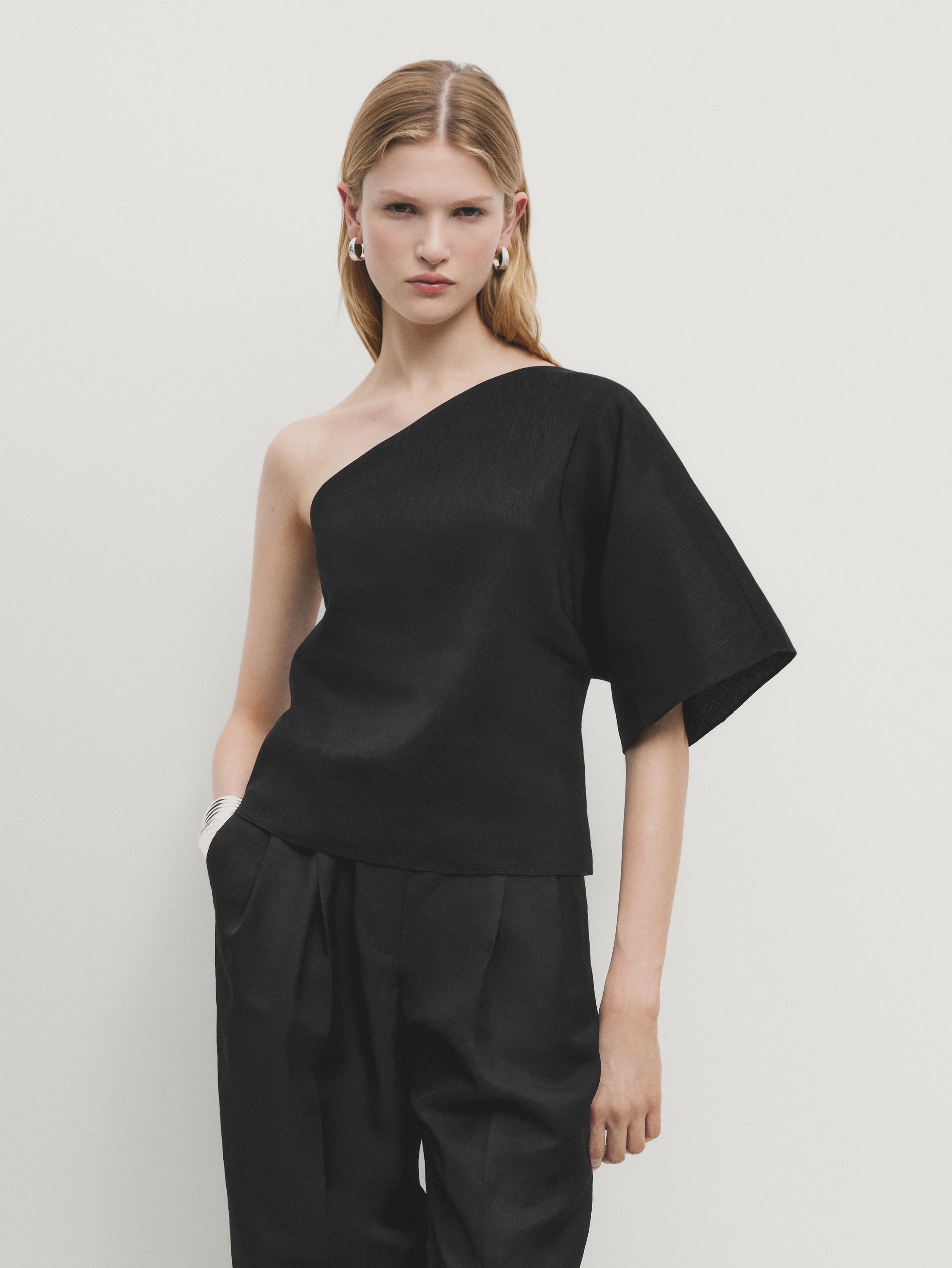 Asymmetric linen blend top