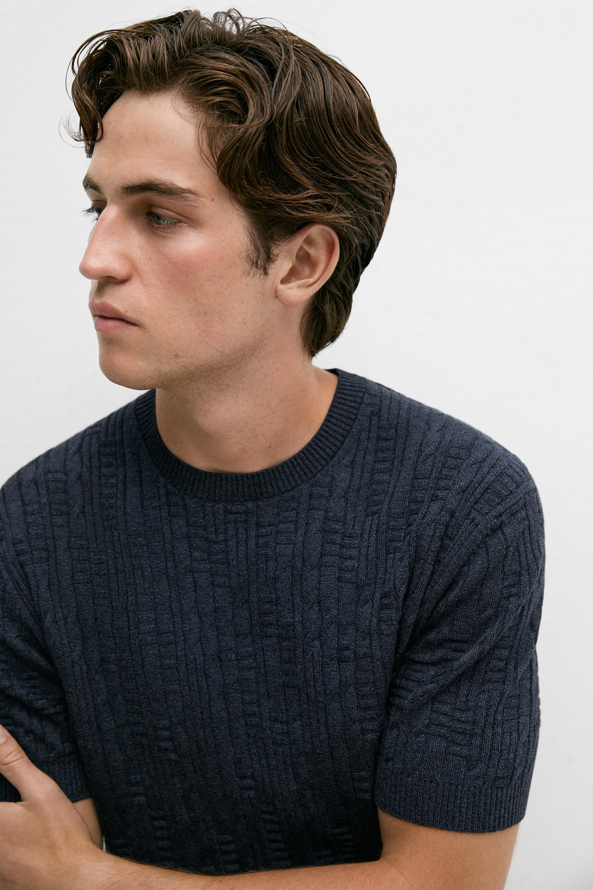 Cotton blend knit sweater — NAVY BLUE