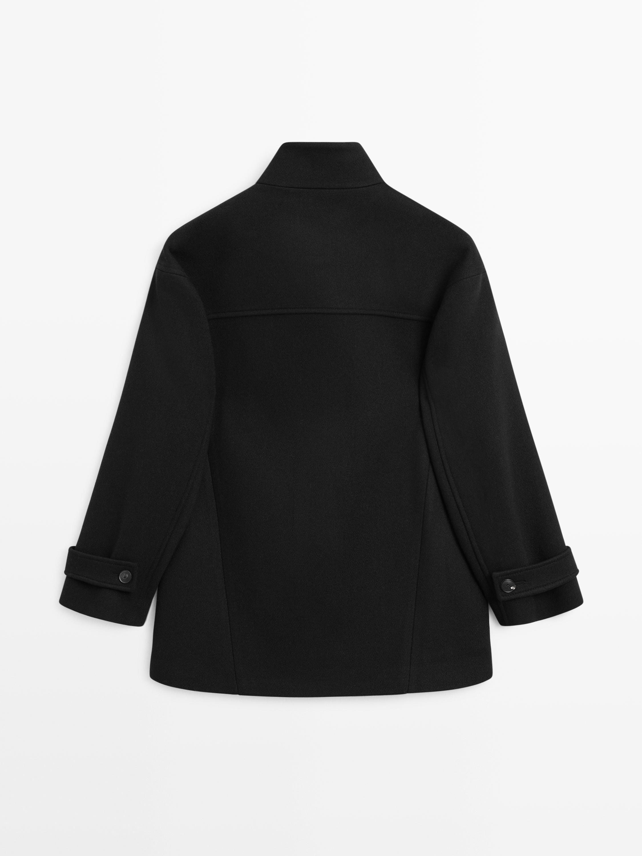 Wool blend high neck coat with button fastening — BLACK