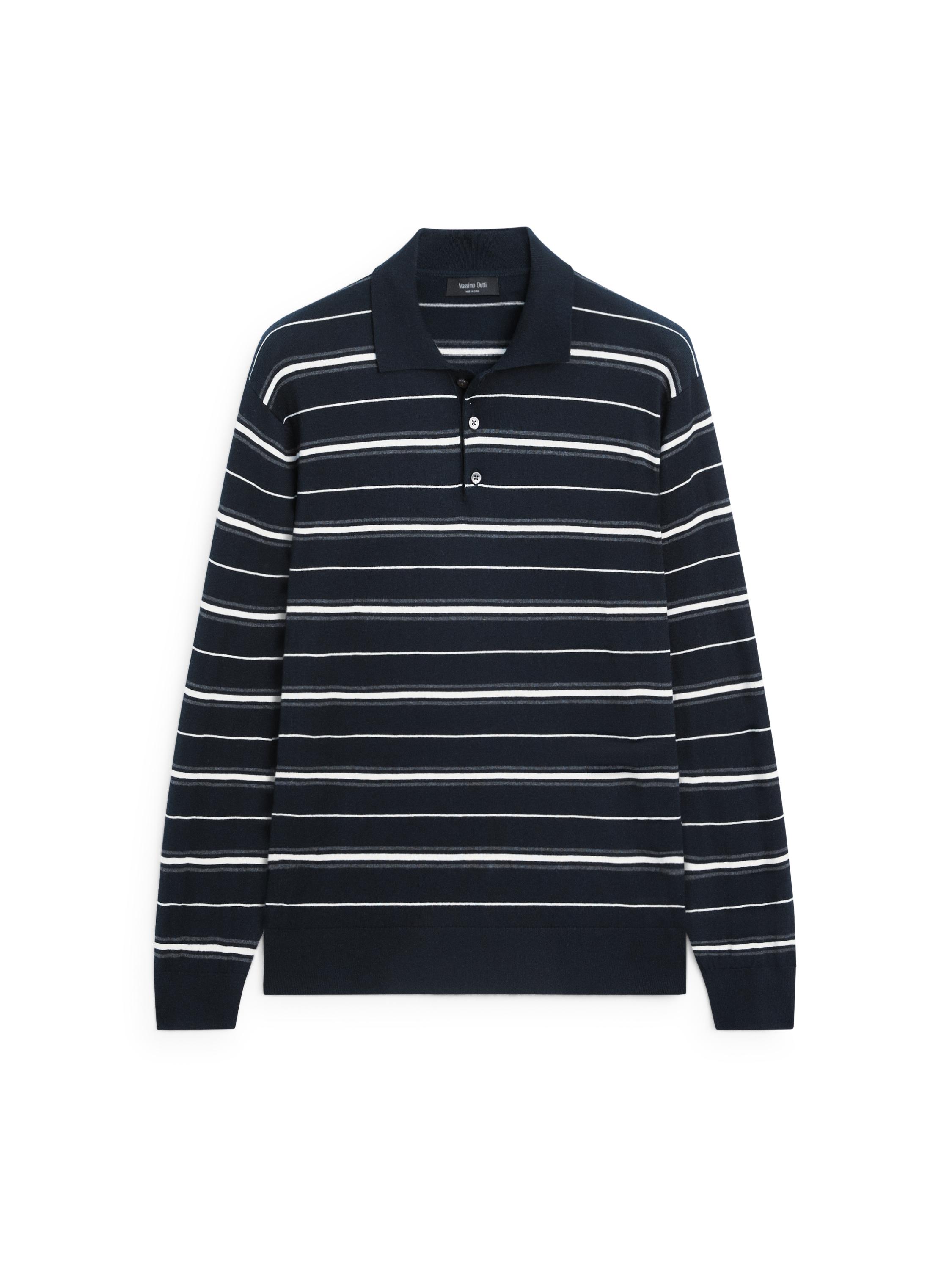 Cotton blend striped knit polo sweater — NAVY BLUE