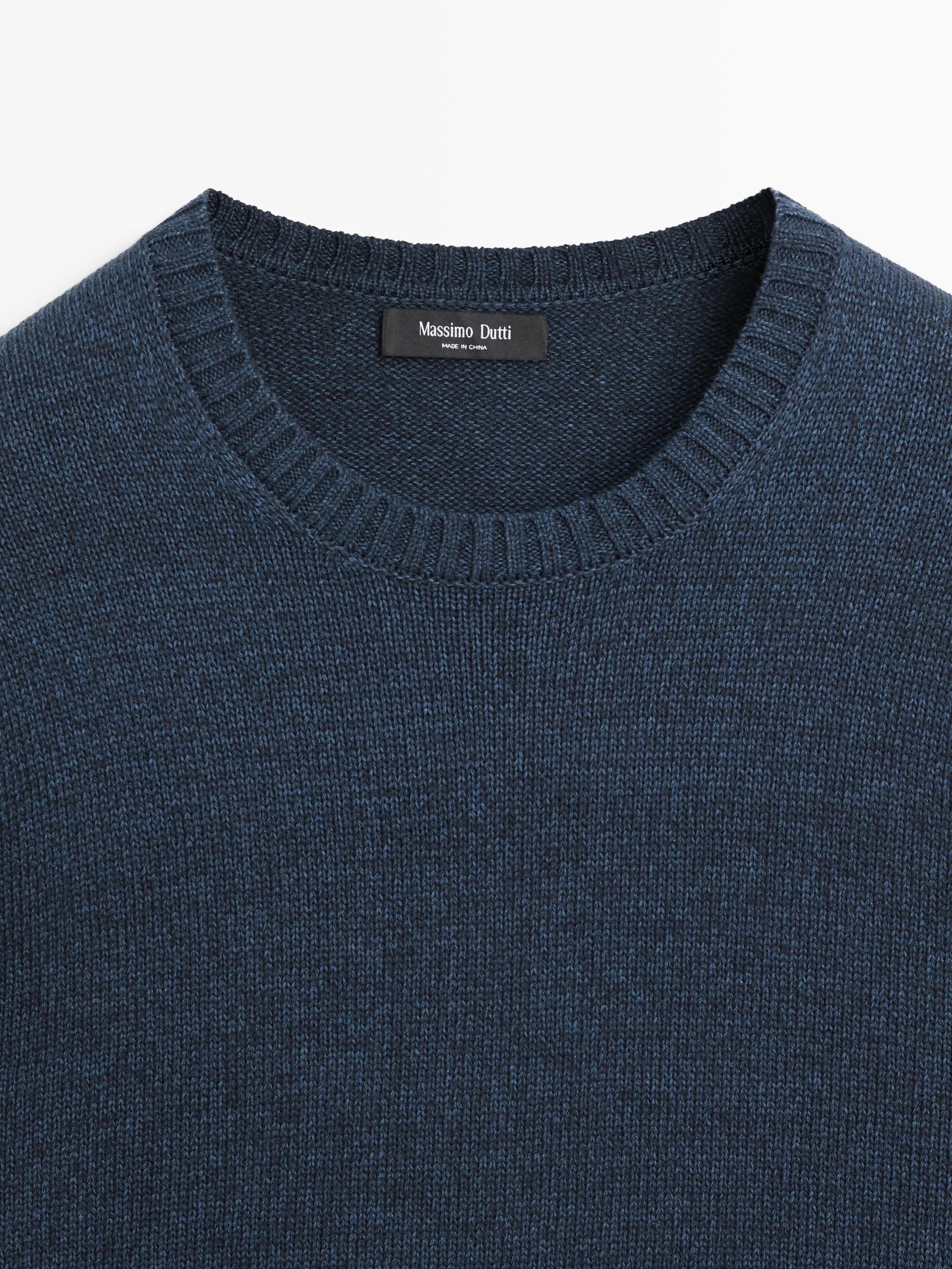Denim-effect crew neck knit sweater — NAVY BLUE