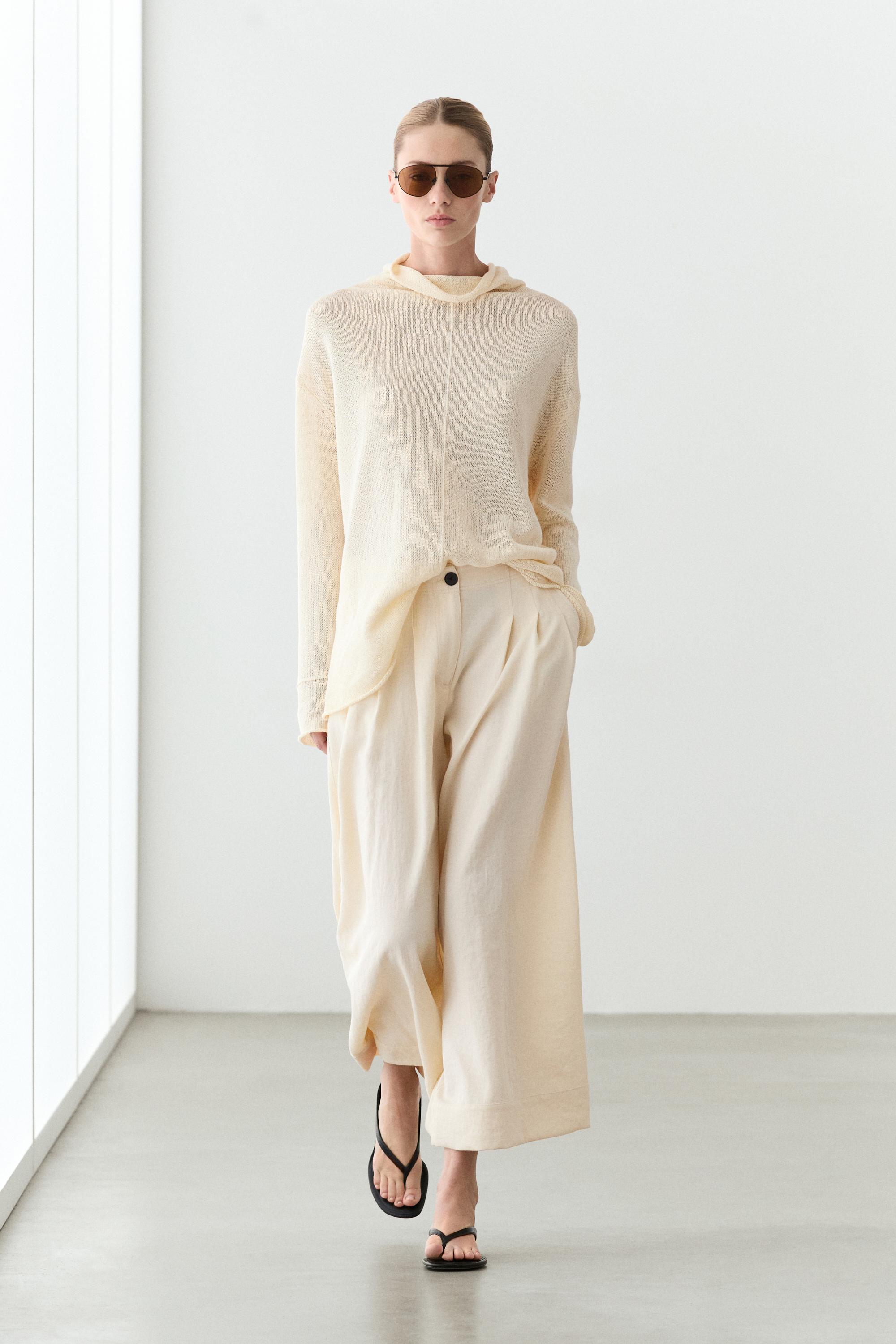 Pantaloni Gamba Larga Cropped - Ecru - 36 (It 40) - Massimo Dutti - Female-image