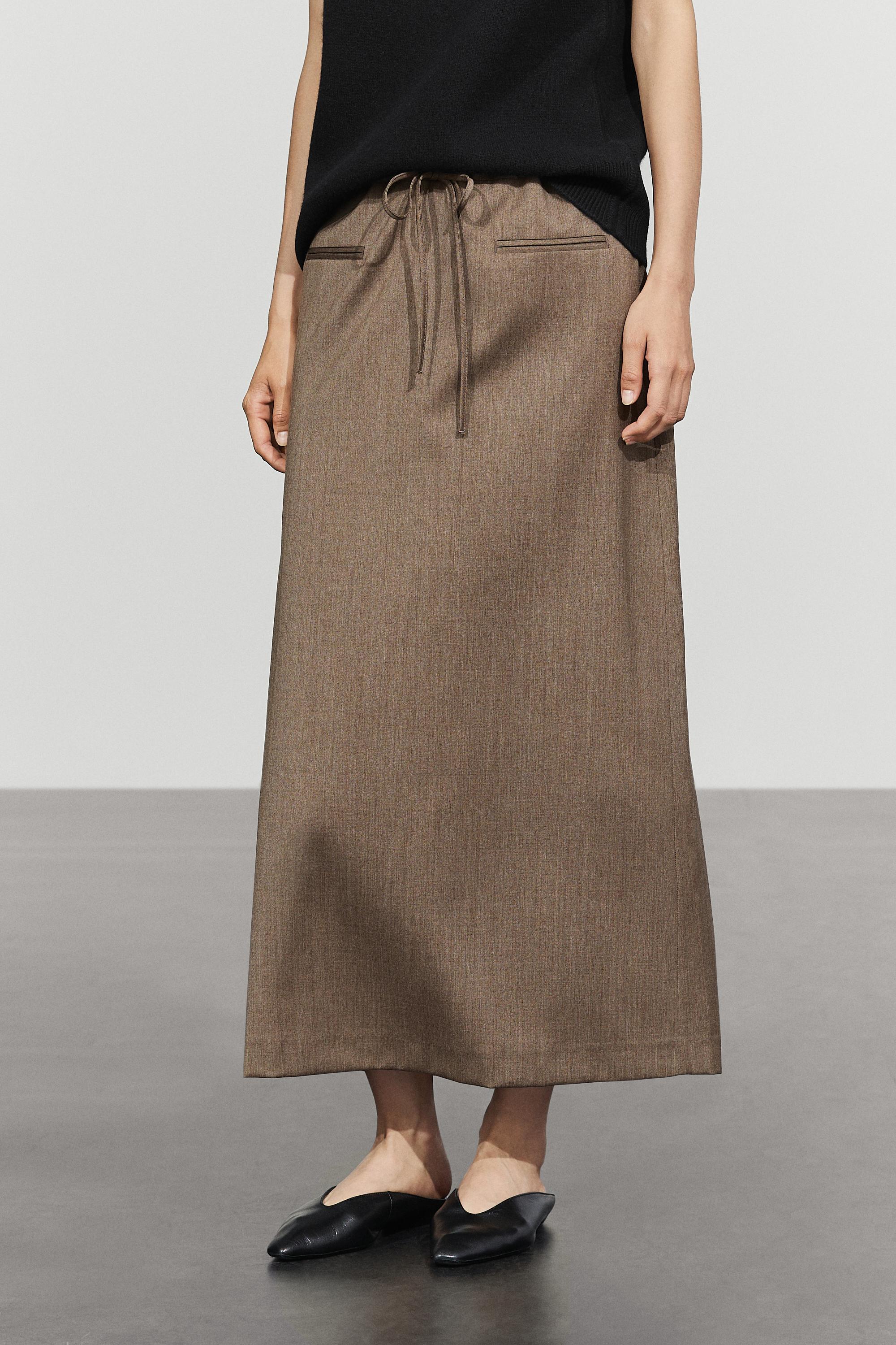 100% wool midi skirt with drawstring — MOLE BROWN