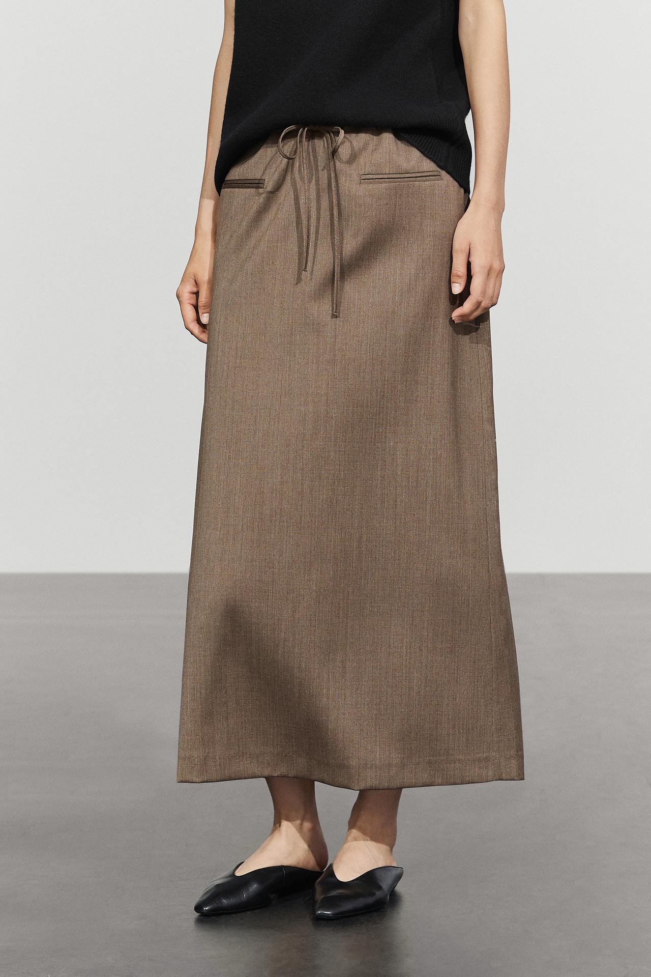 100% wool midi skirt with drawstring — MOLE BROWN