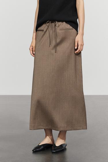 100% wool midi skirt with drawstring — MOLE BROWN 3