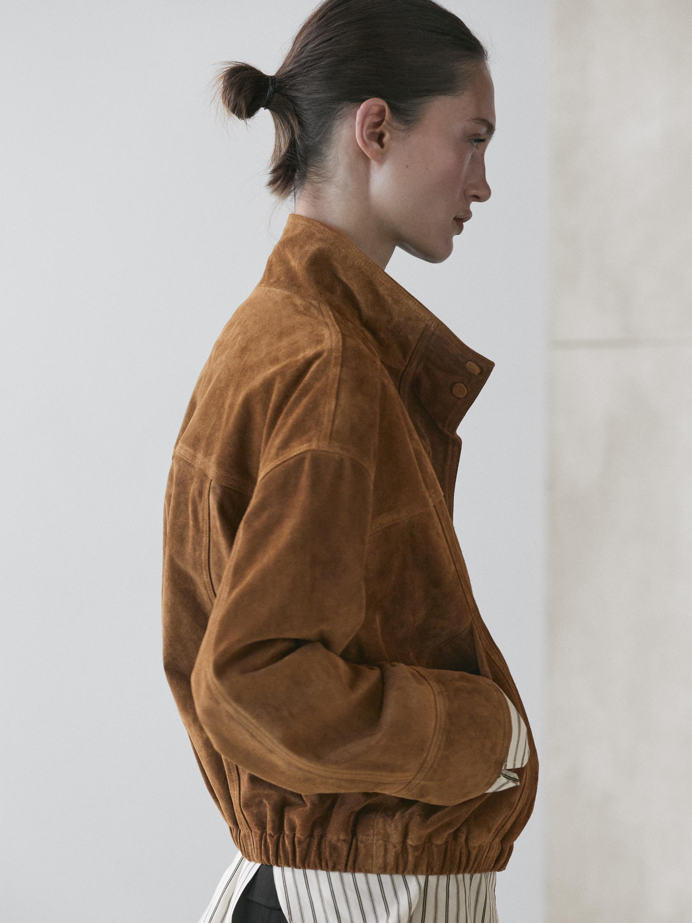 Short suede leather bomber jacket — CAMEL