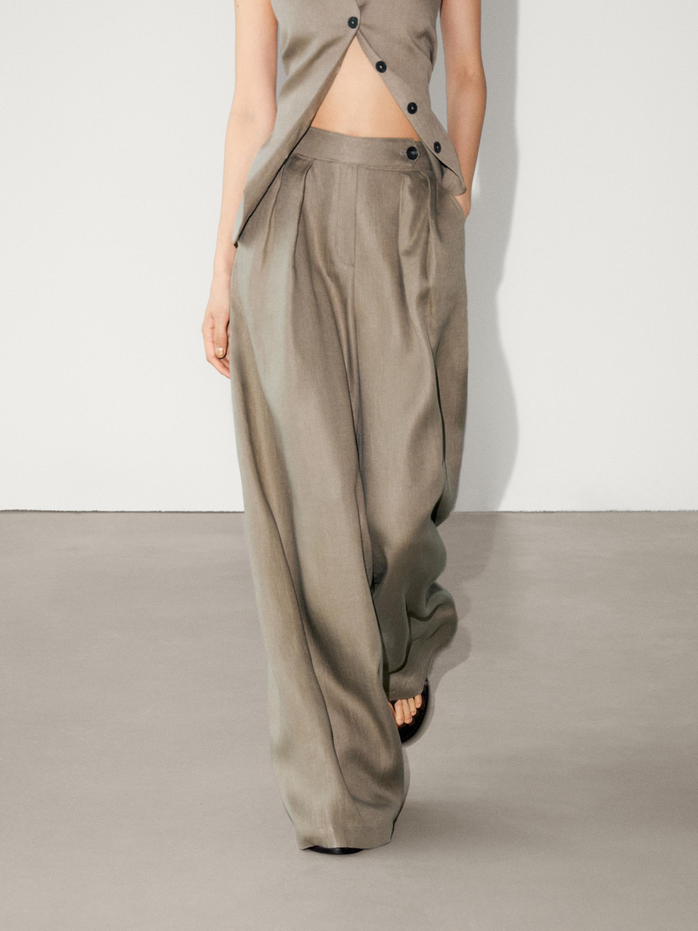 100% linen wide-leg trousers with darts · Mink · Dressy | Massimo Dutti