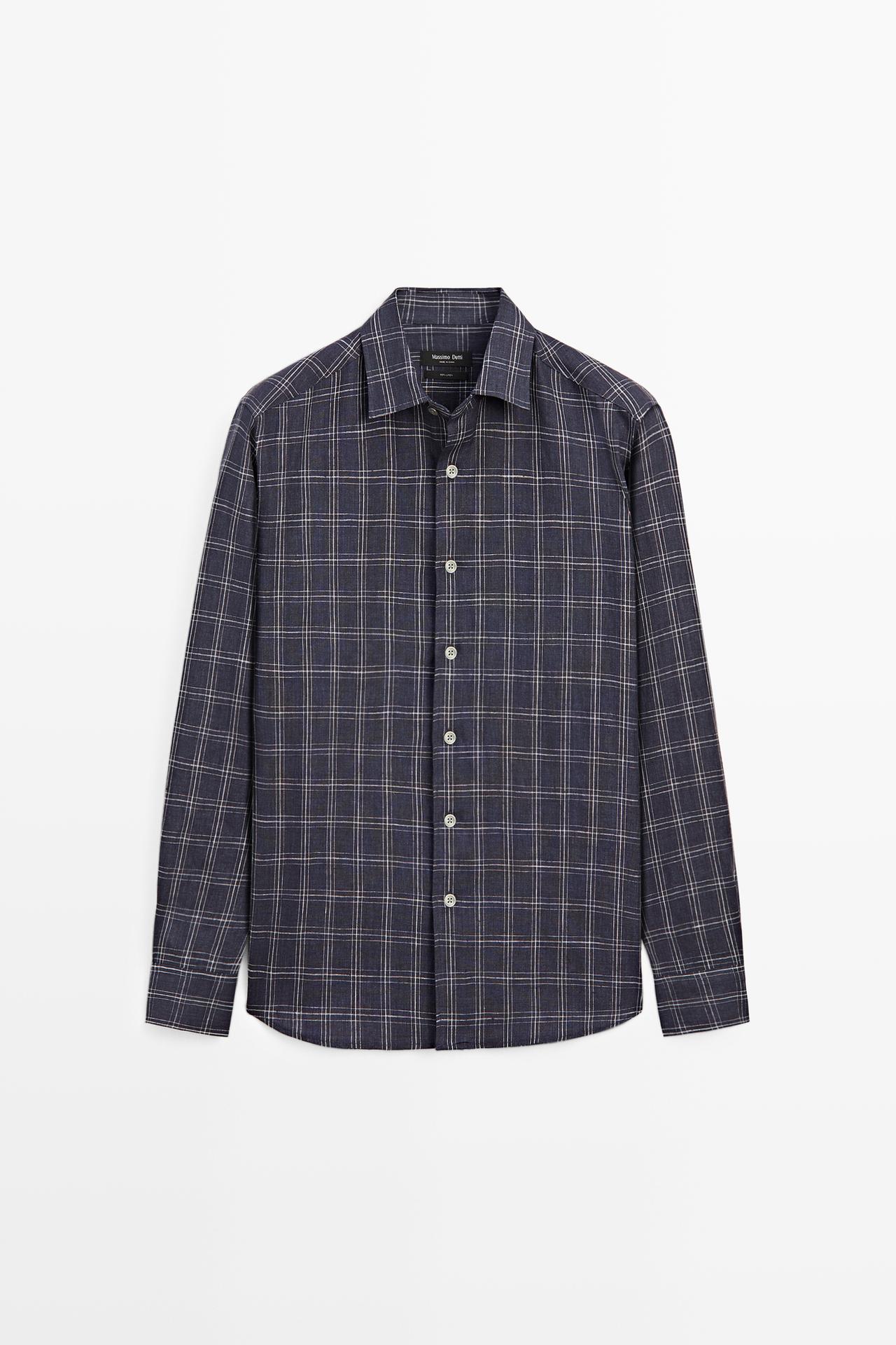 100% linen relaxed fit check shirt — BLUE