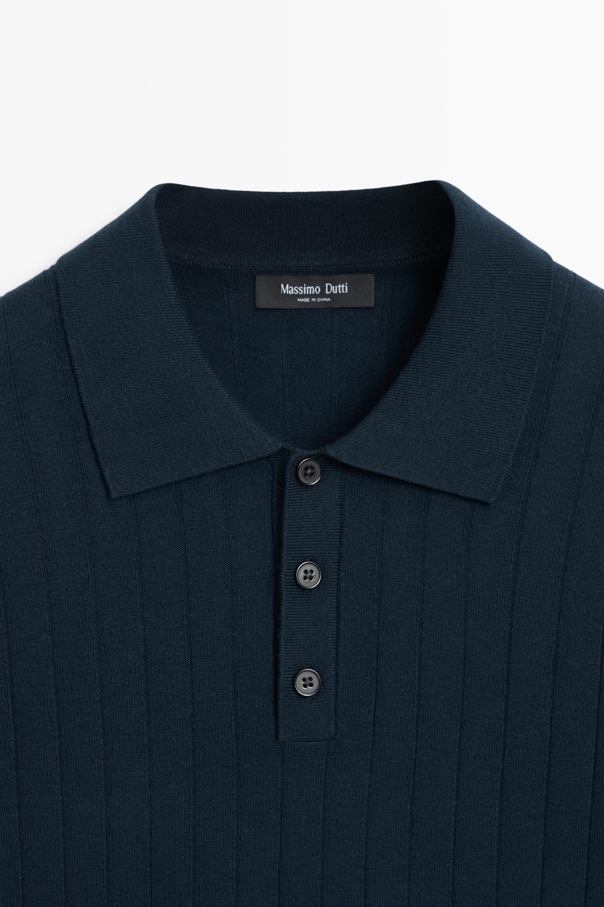 Ribbed knit cotton blend polo shirt — NAVY BLUE
