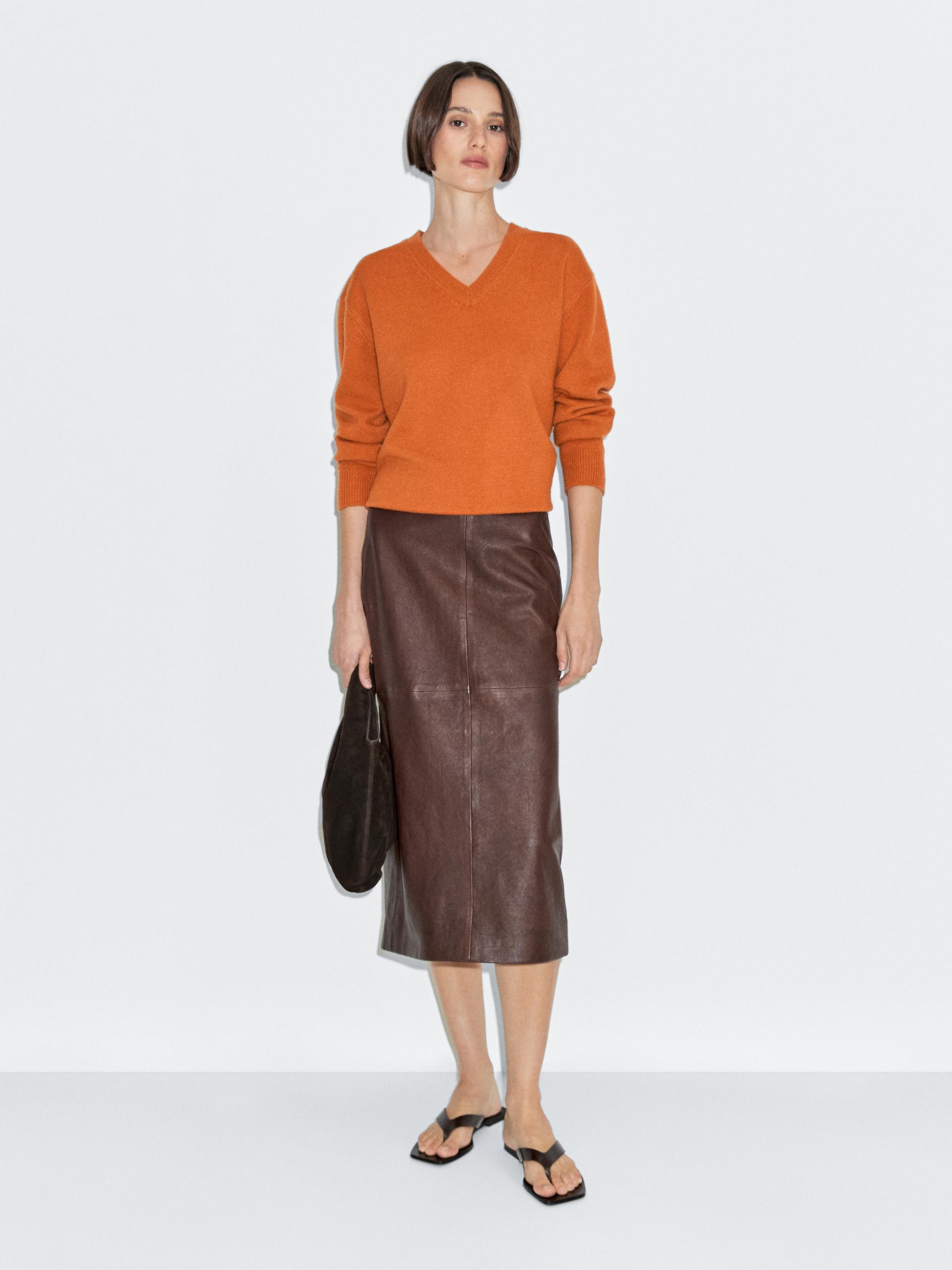 Saia Direita Midi Em Pele Napa - Castanho - S - Massimo Dutti - Mulher